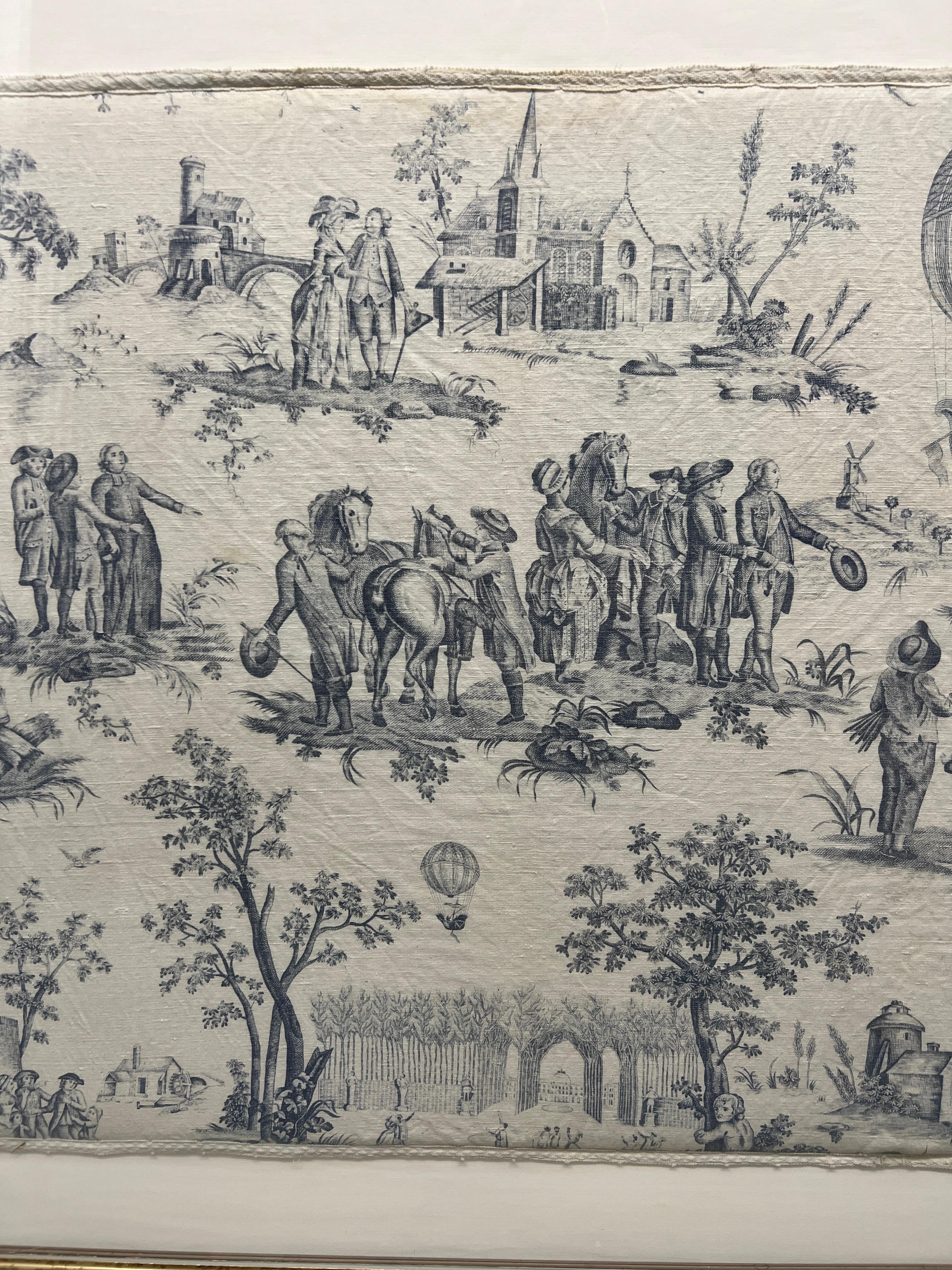 French Provincial Vintage French Blue and White Toile De Jouy Framed Designer Fabric Panel For Sale