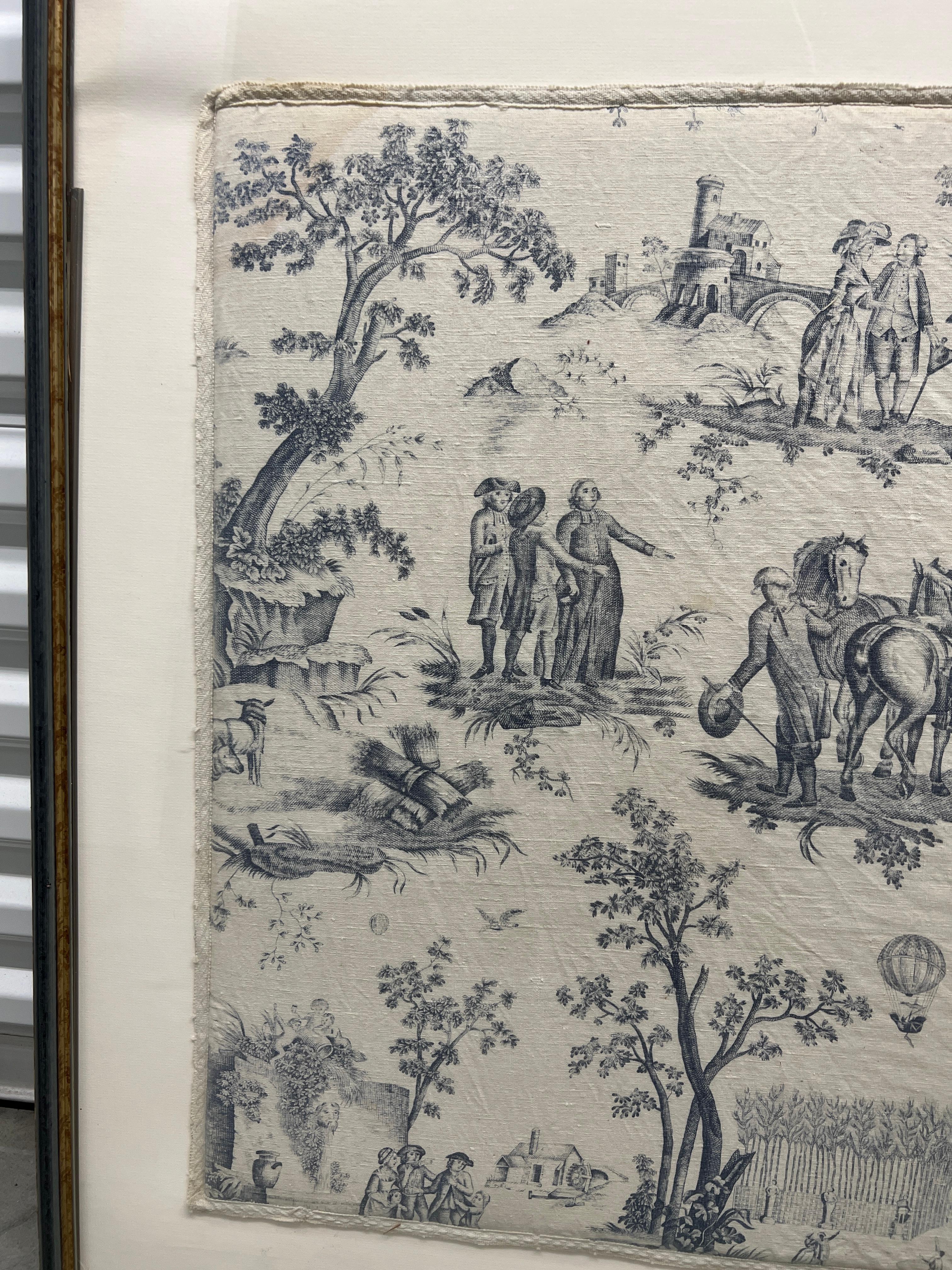 Vintage French Blue and White Toile De Jouy Framed Designer Fabric Panel In Good Condition For Sale In Atlanta, GA