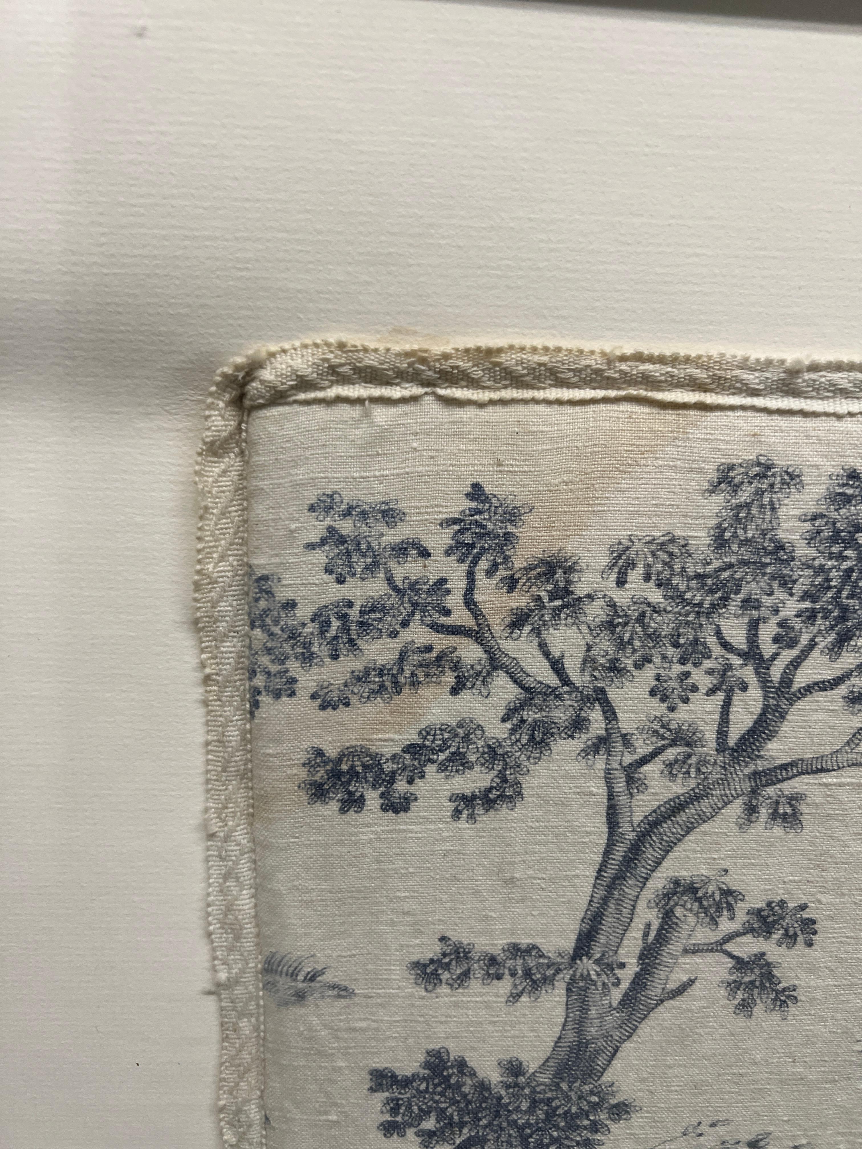 Vintage French Blue and White Toile De Jouy Framed Designer Fabric Panel For Sale 1