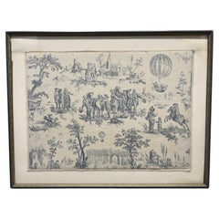 Vintage French Blue and White Toile De Jouy Framed Designer Fabric Panel