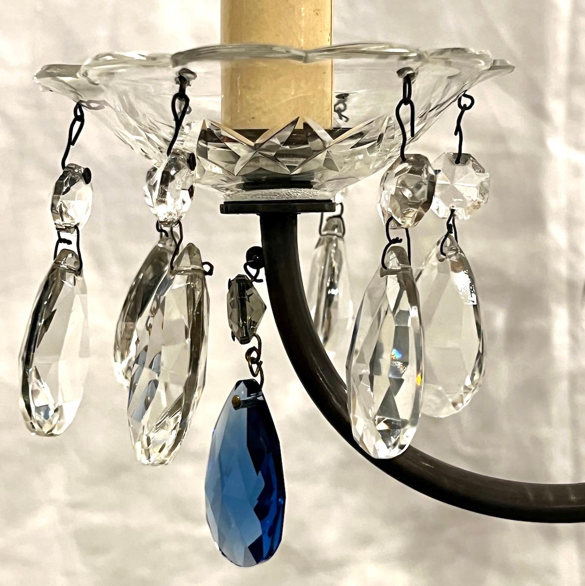Patinated Vintage French Blue Crystals Chandelier For Sale