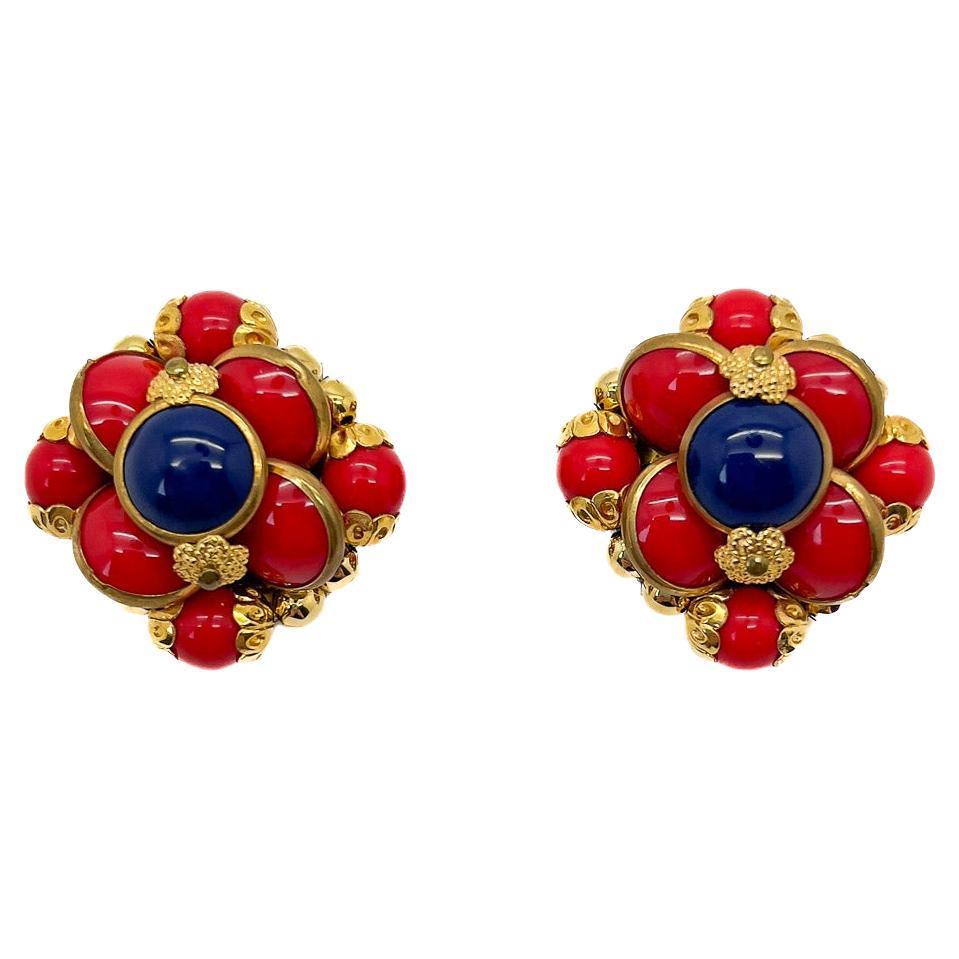 Boucles d'oreilles françaises vintage bleu et rouge 1940s
