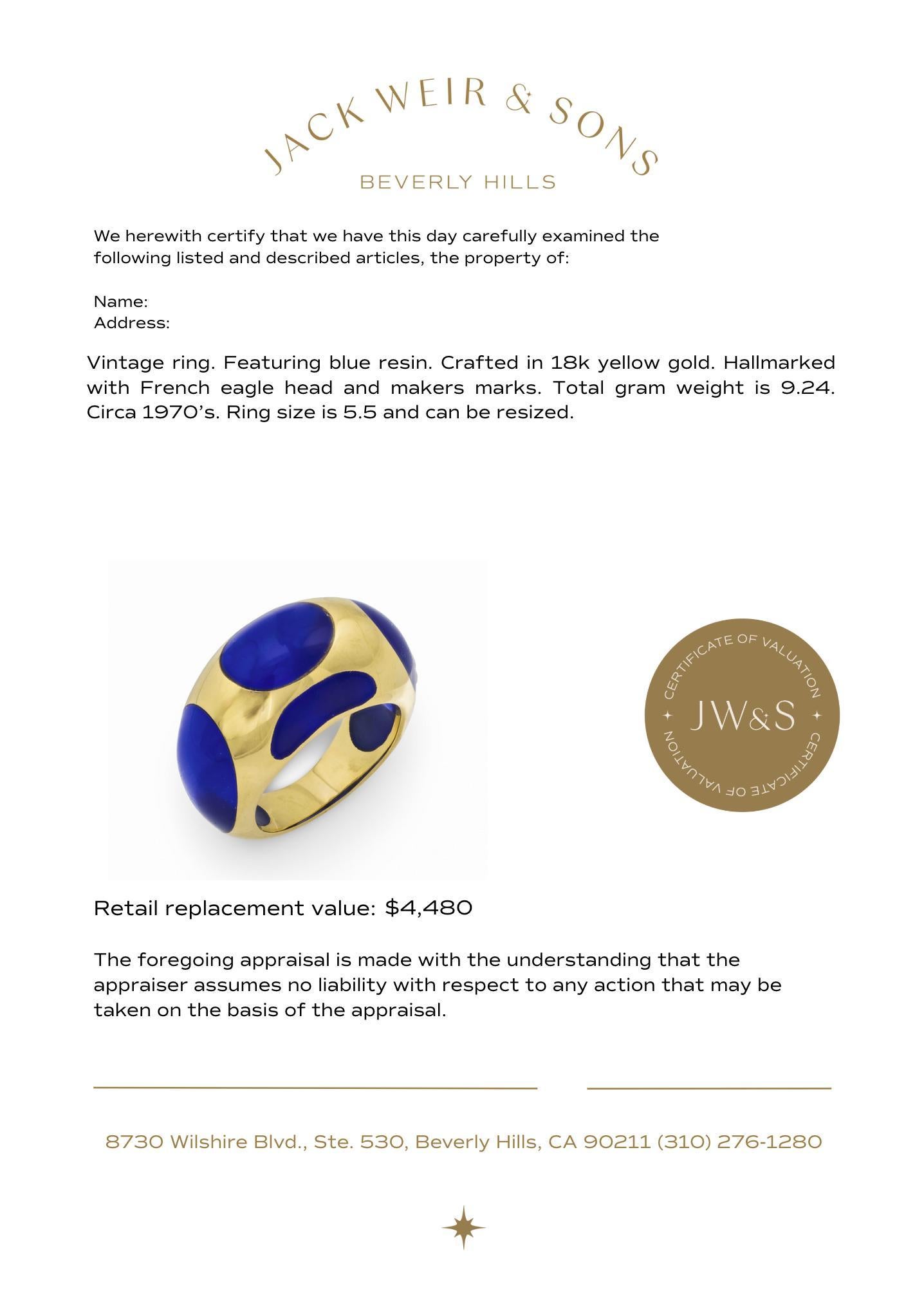 Anello vintage in resina blu francese e oro giallo 18 carati in vendita 3