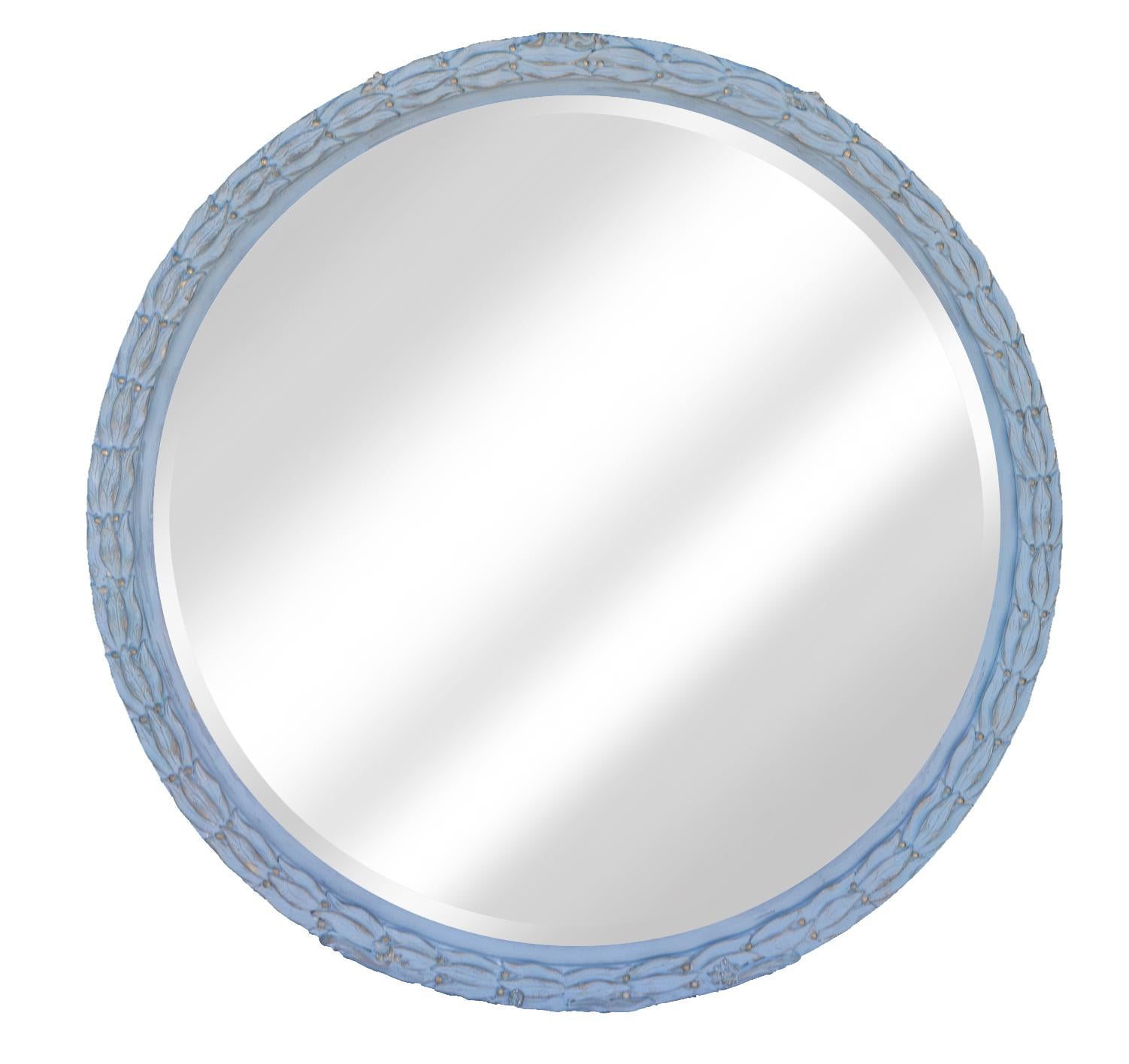 Restored Deco style round wood mirror with resin applique. Hand painted in French blue, accents of pale yellow gold.
The frame is finished in wax, the gold tones are peeking though.
Available for limited period, after which this will no longer be on