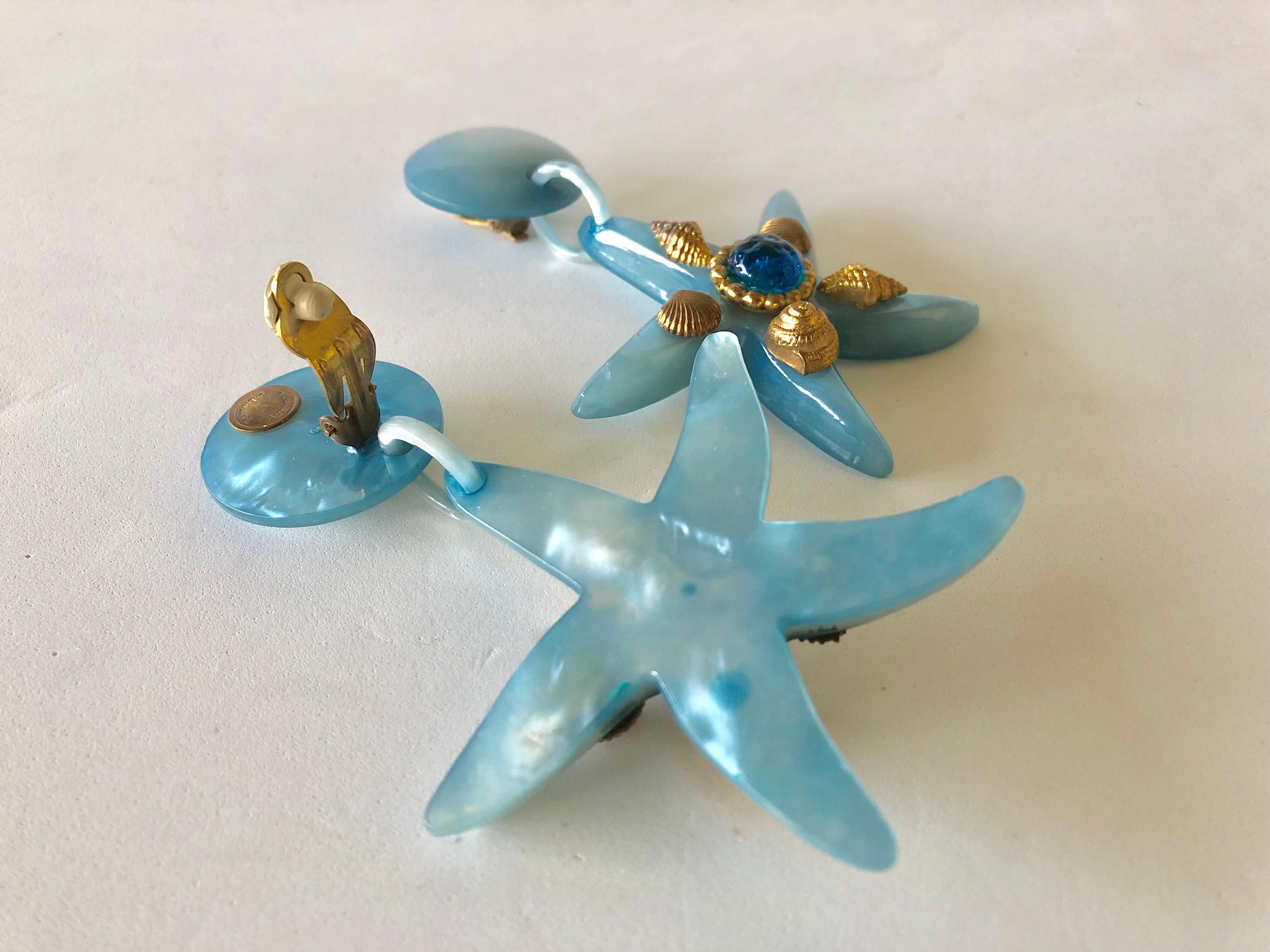 Vintage Large French Blue Starfish Statement Earrings  5