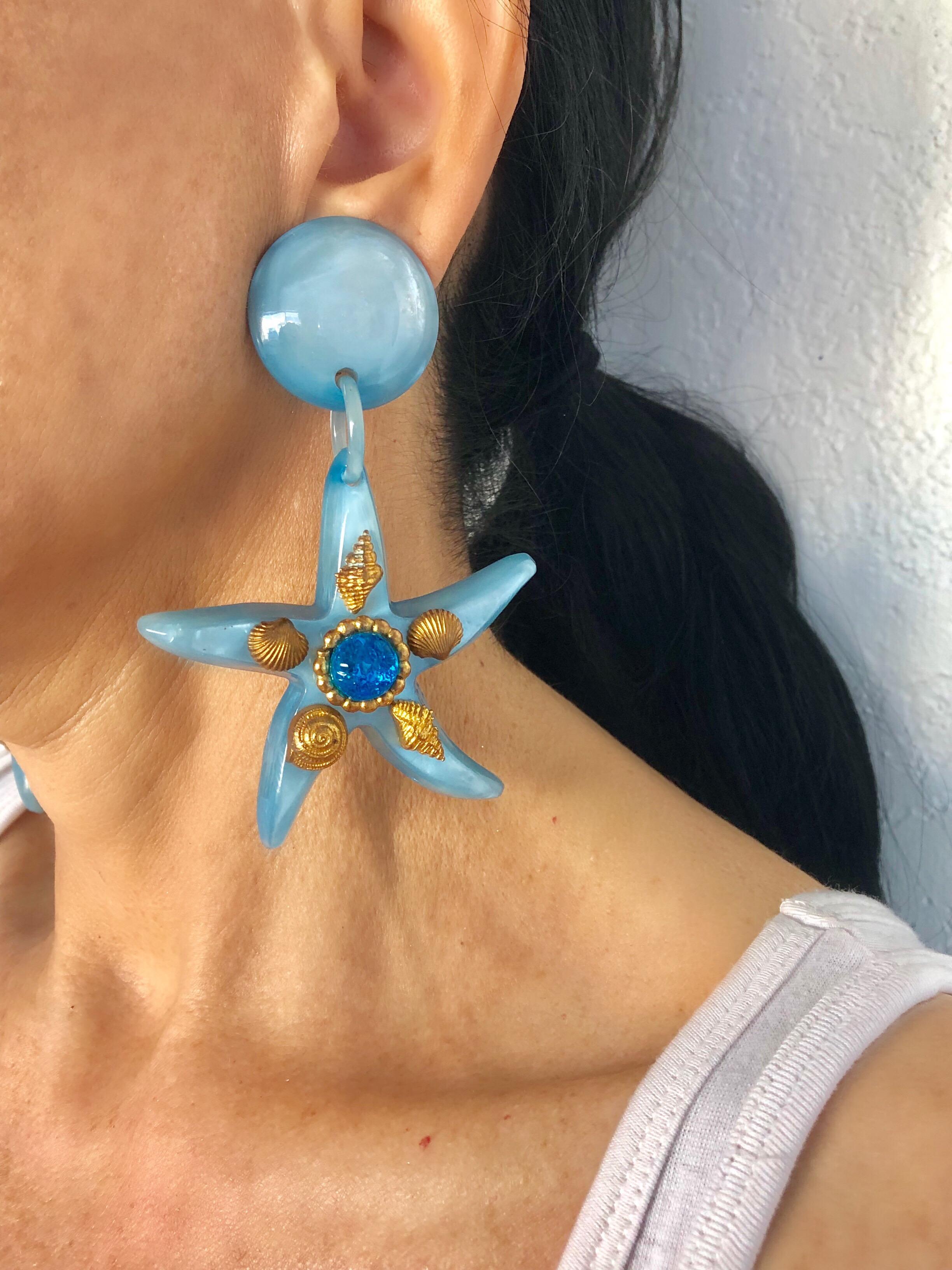 Vintage Large French Blue Starfish Statement Earrings  In Excellent Condition In Palm Springs, CA