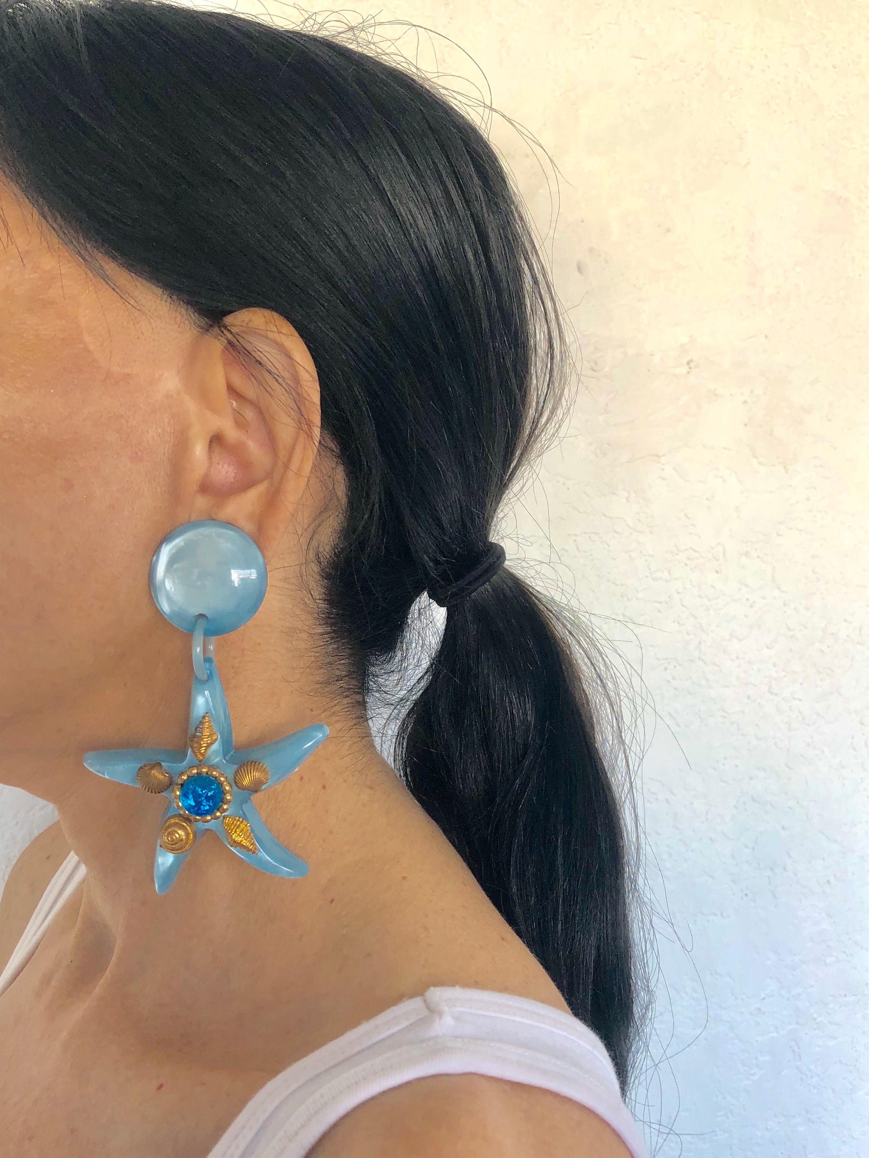 Women's Vintage Large French Blue Starfish Statement Earrings 