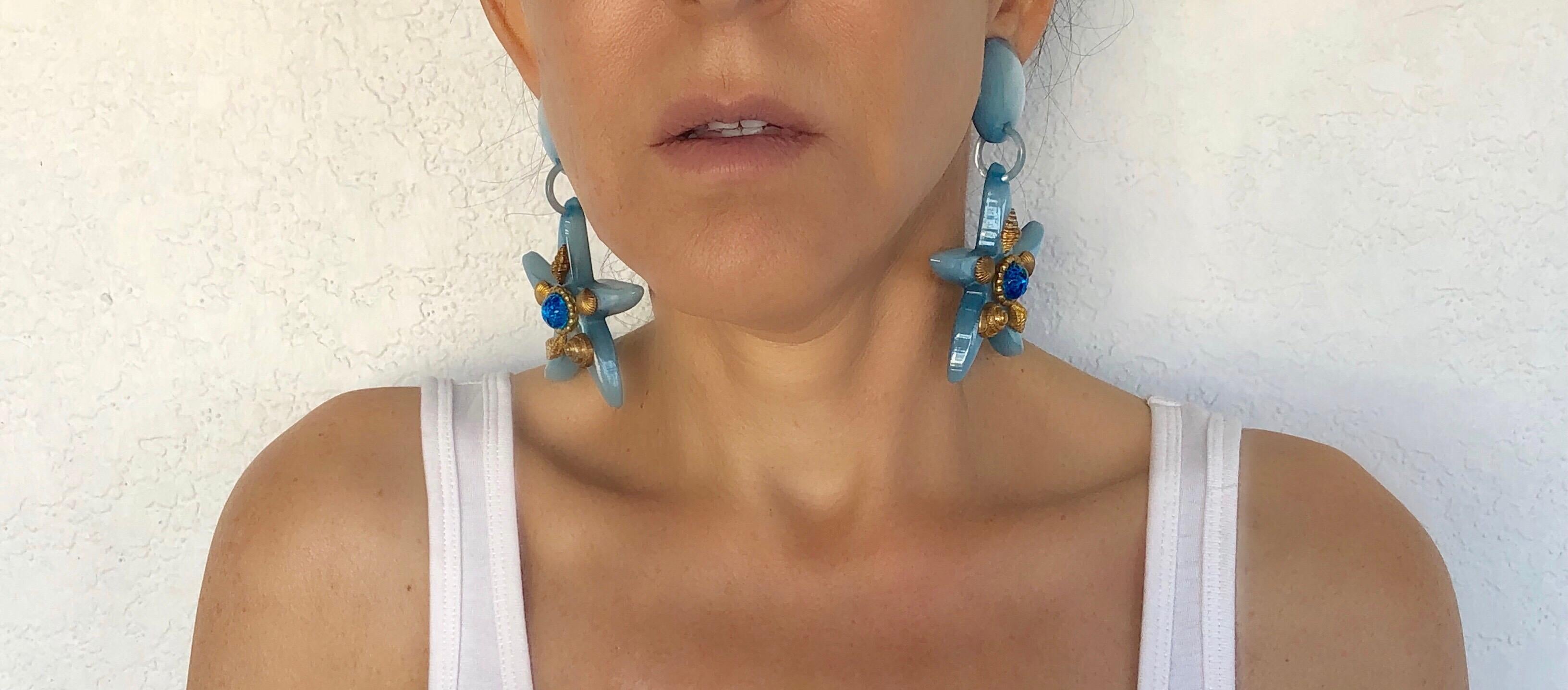 Vintage Large French Blue Starfish Statement Earrings  1