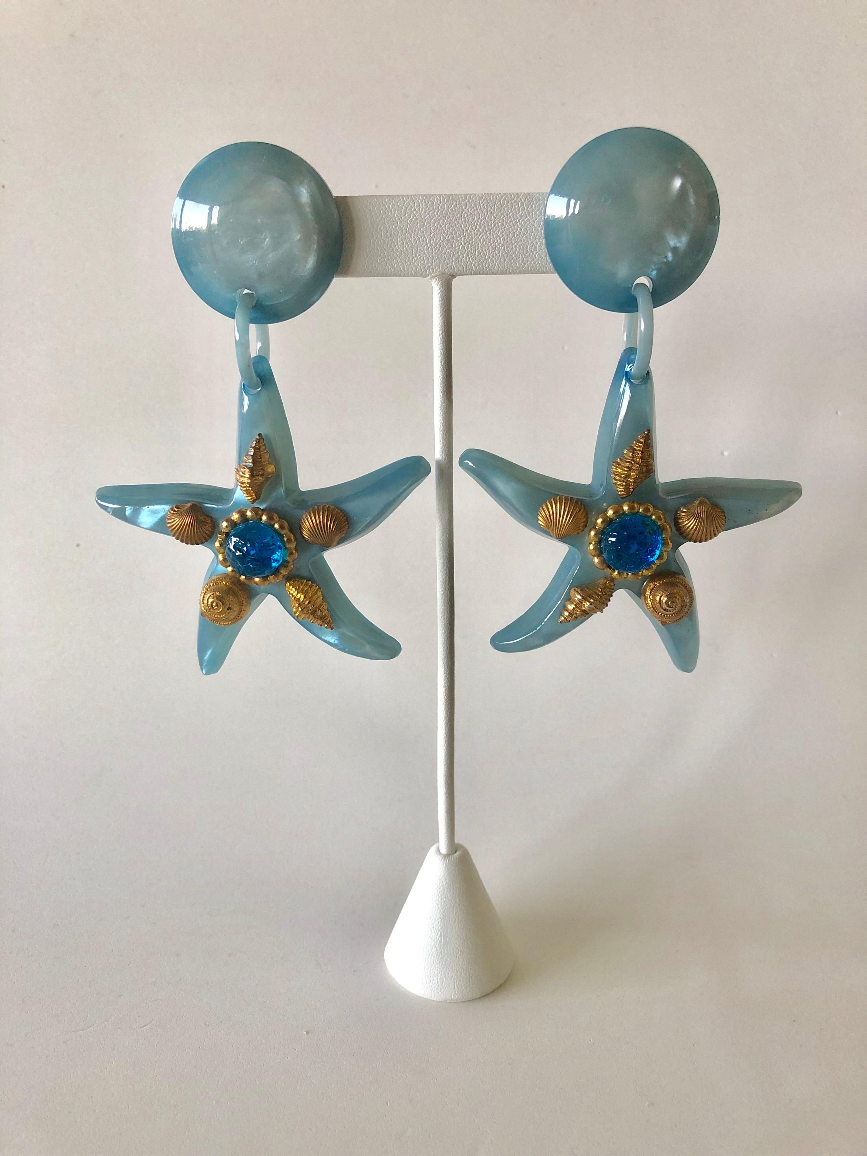 Vintage Large French Blue Starfish Statement Earrings  2