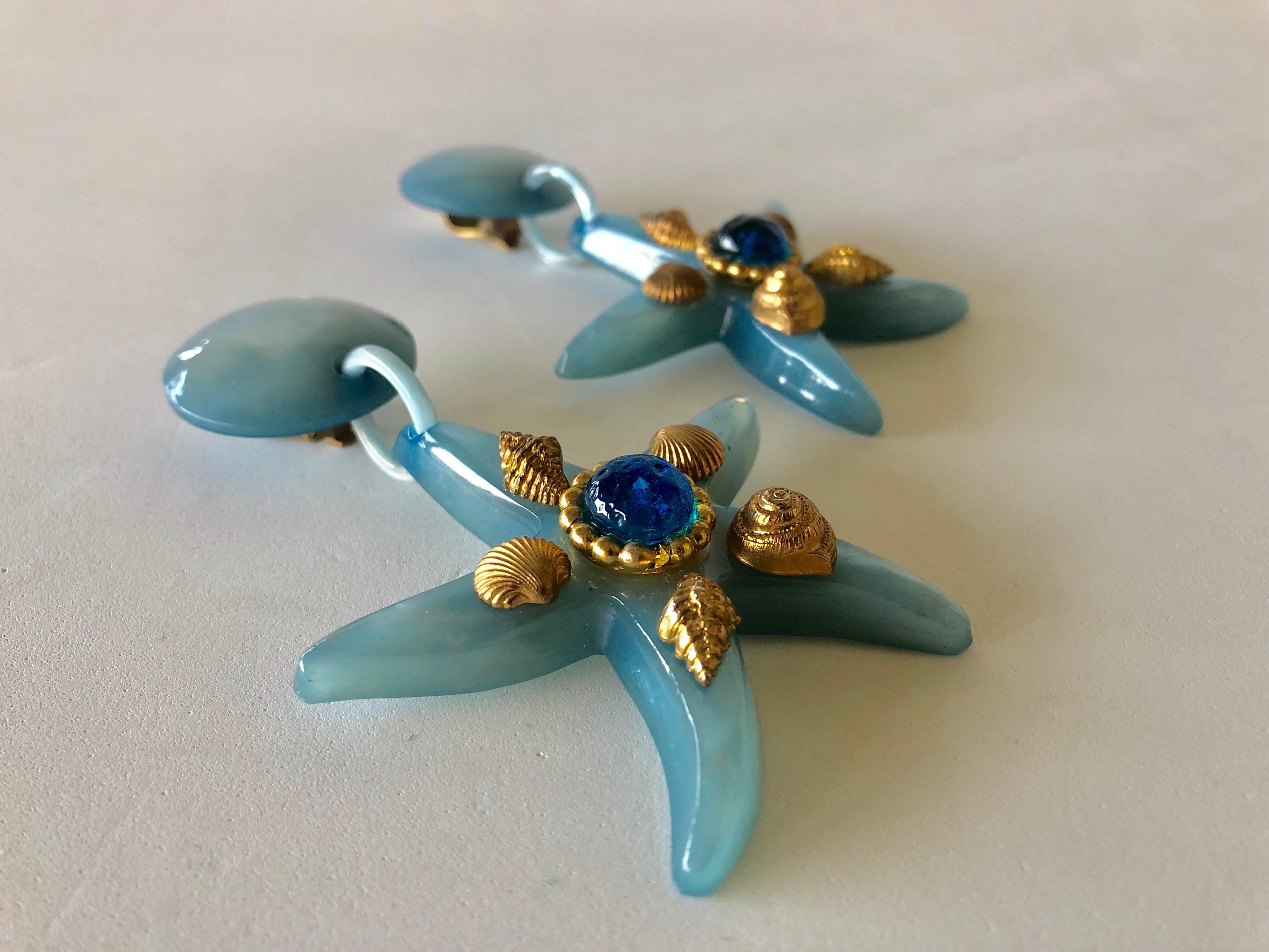 Vintage Large French Blue Starfish Statement Earrings  4