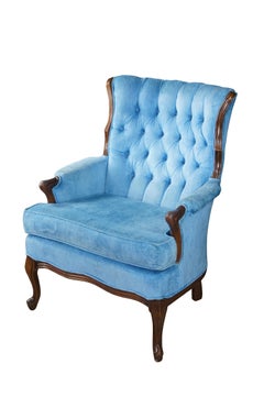 Vintage French Blue Velvet Tufted Fauteuil Walnut Wingback Parlor Armchair