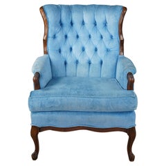 Vintage French Blue Velvet Tufted Fauteuil Walnut Wingback Parlor Armchair