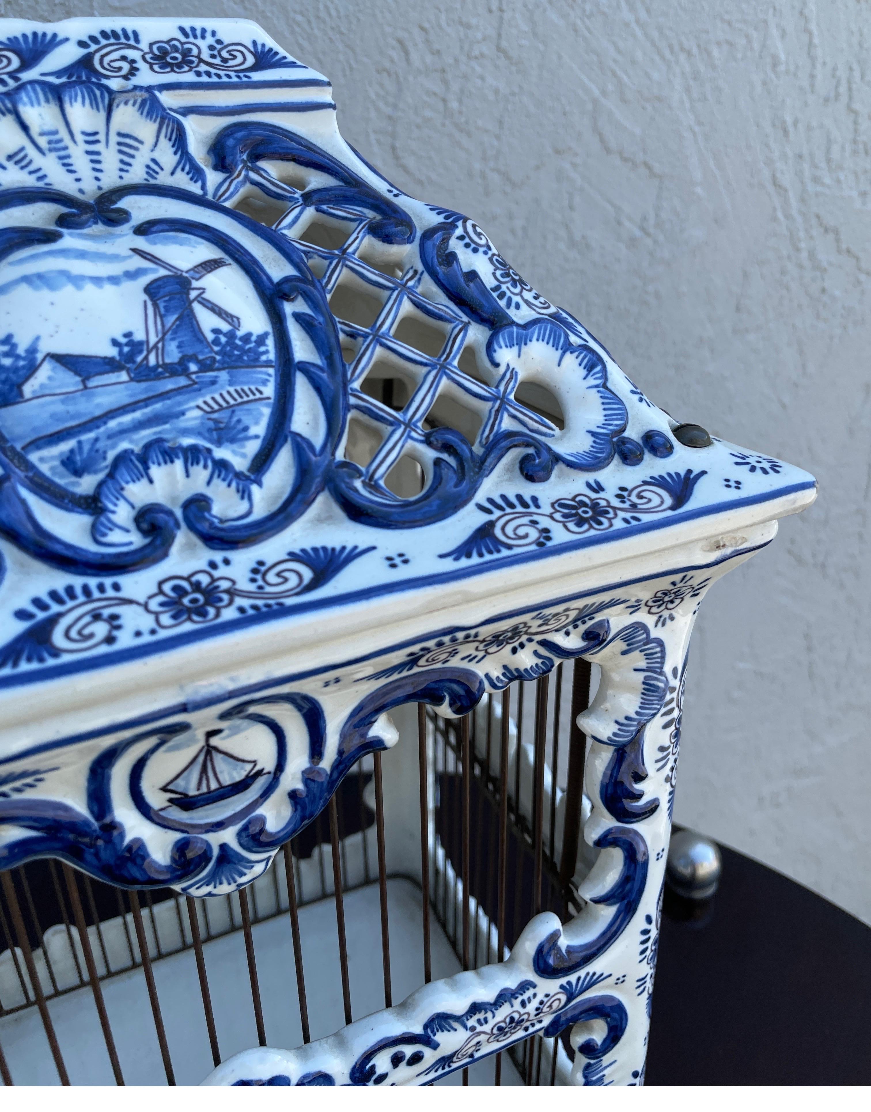 Vintage French Blue & White Porcelain Birdcage 6