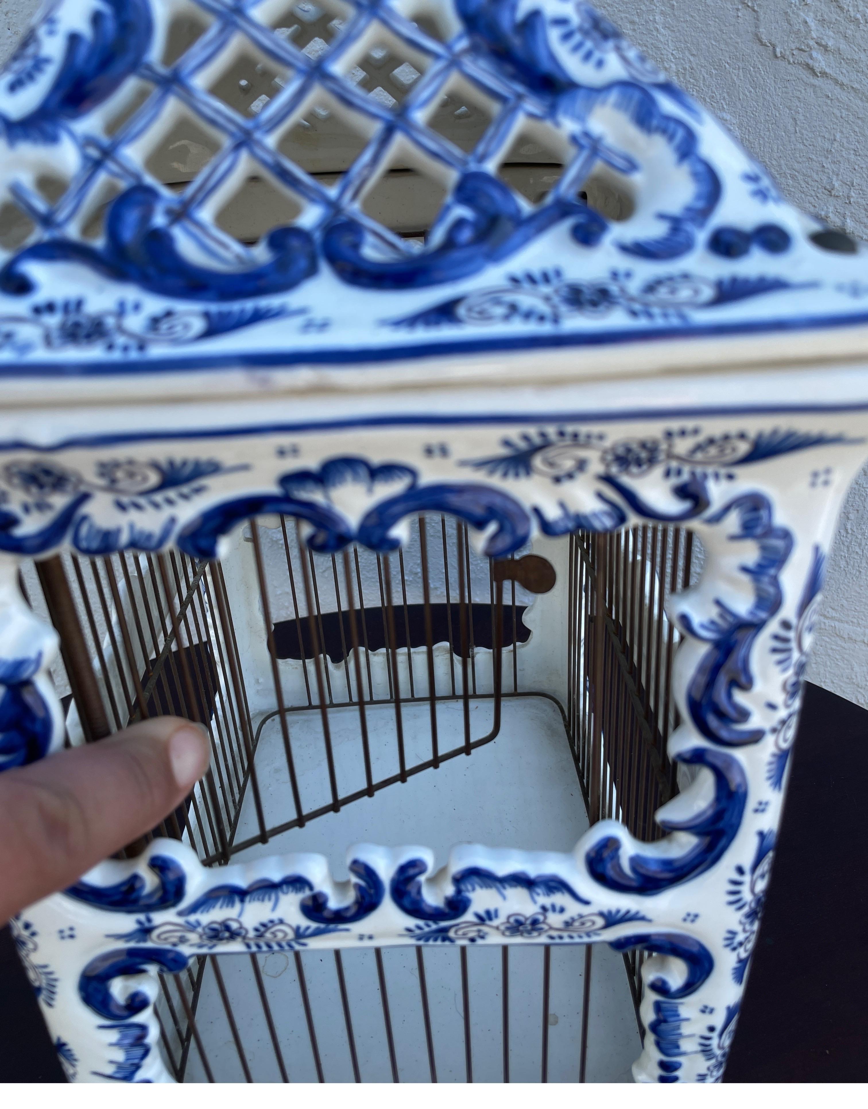 Vintage French Blue & White Porcelain Birdcage 7