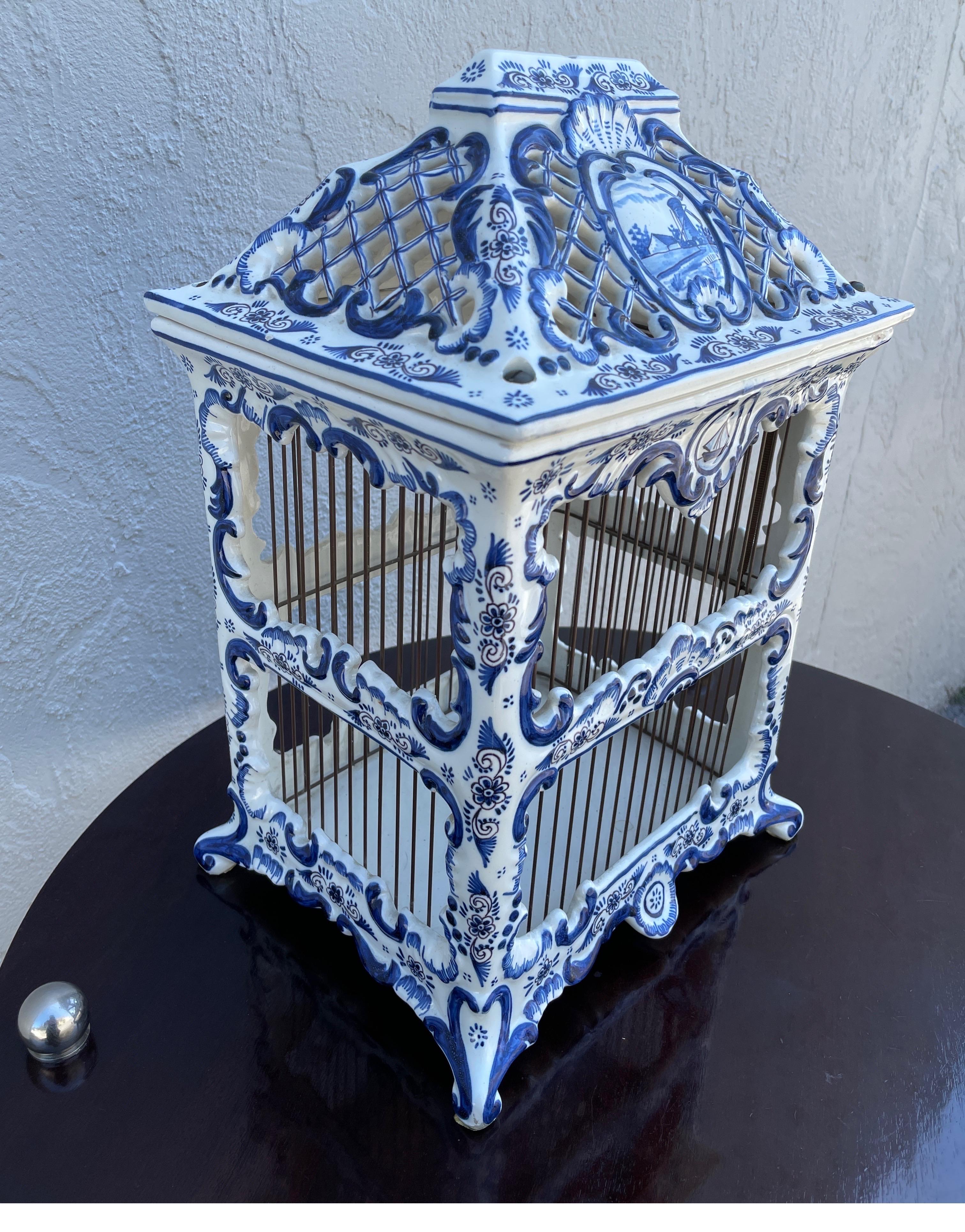 Vintage French Blue & White Porcelain Birdcage In Good Condition In West Palm Beach, FL