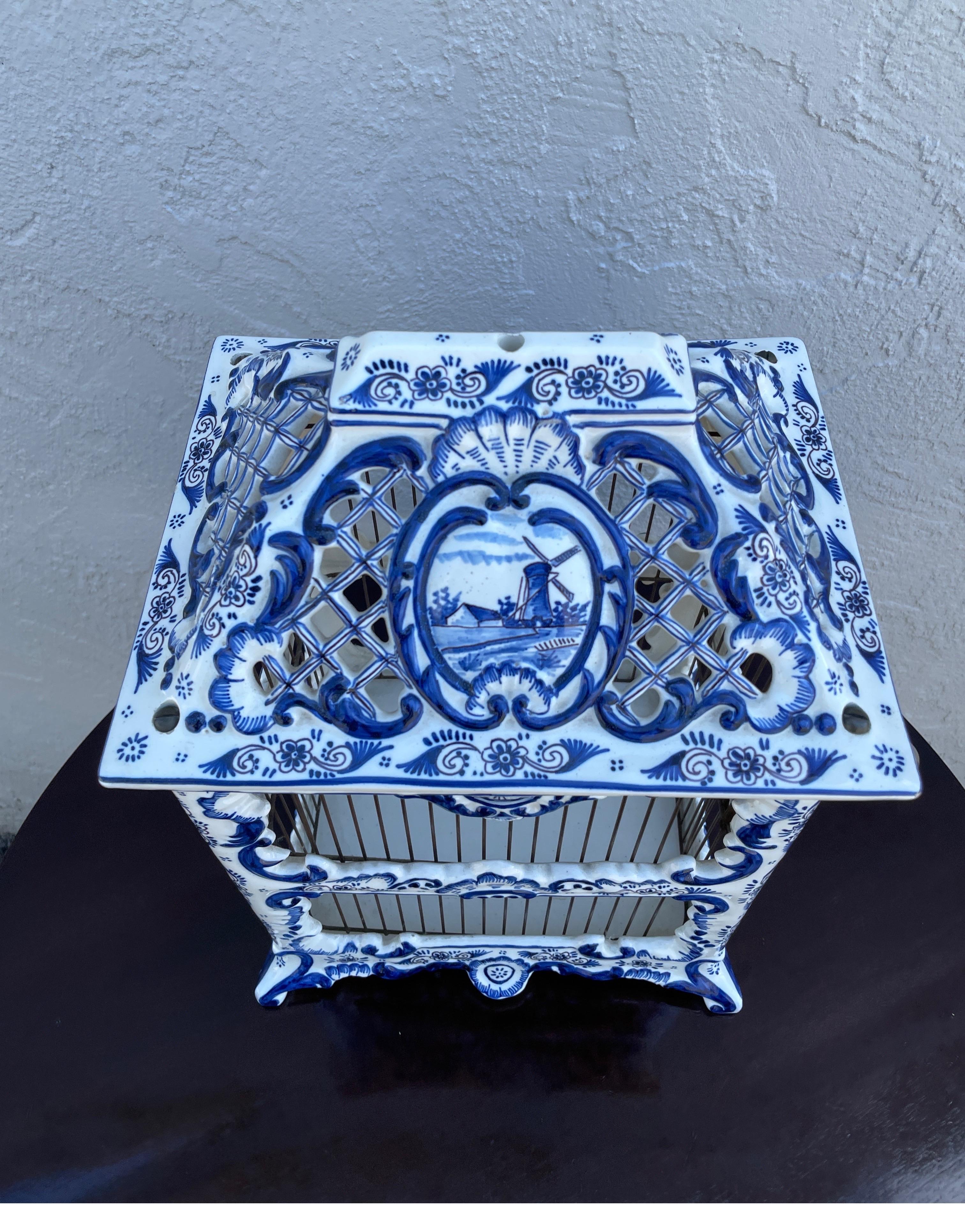 20th Century Vintage French Blue & White Porcelain Birdcage