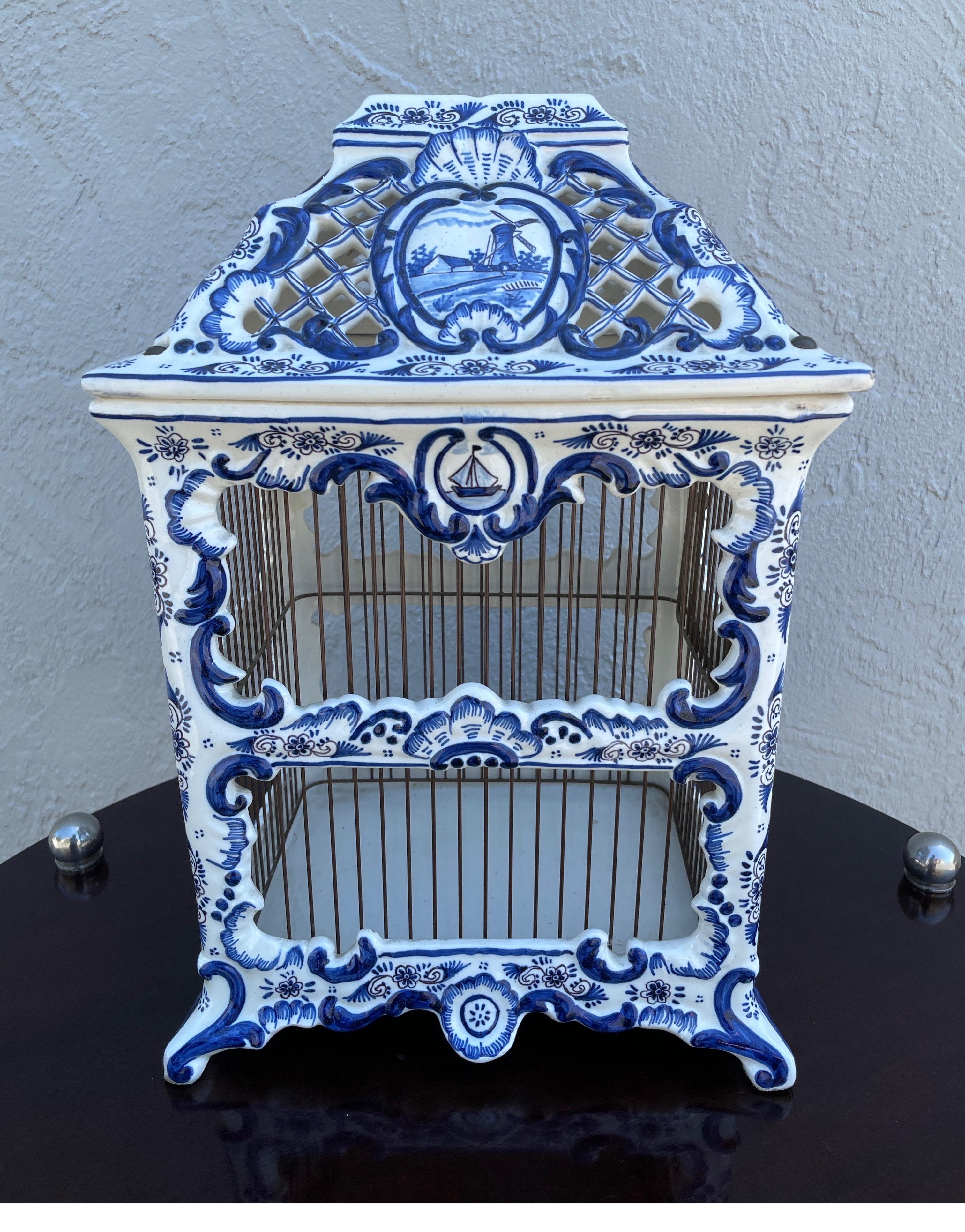 Vintage French Blue & White Porcelain Birdcage 1