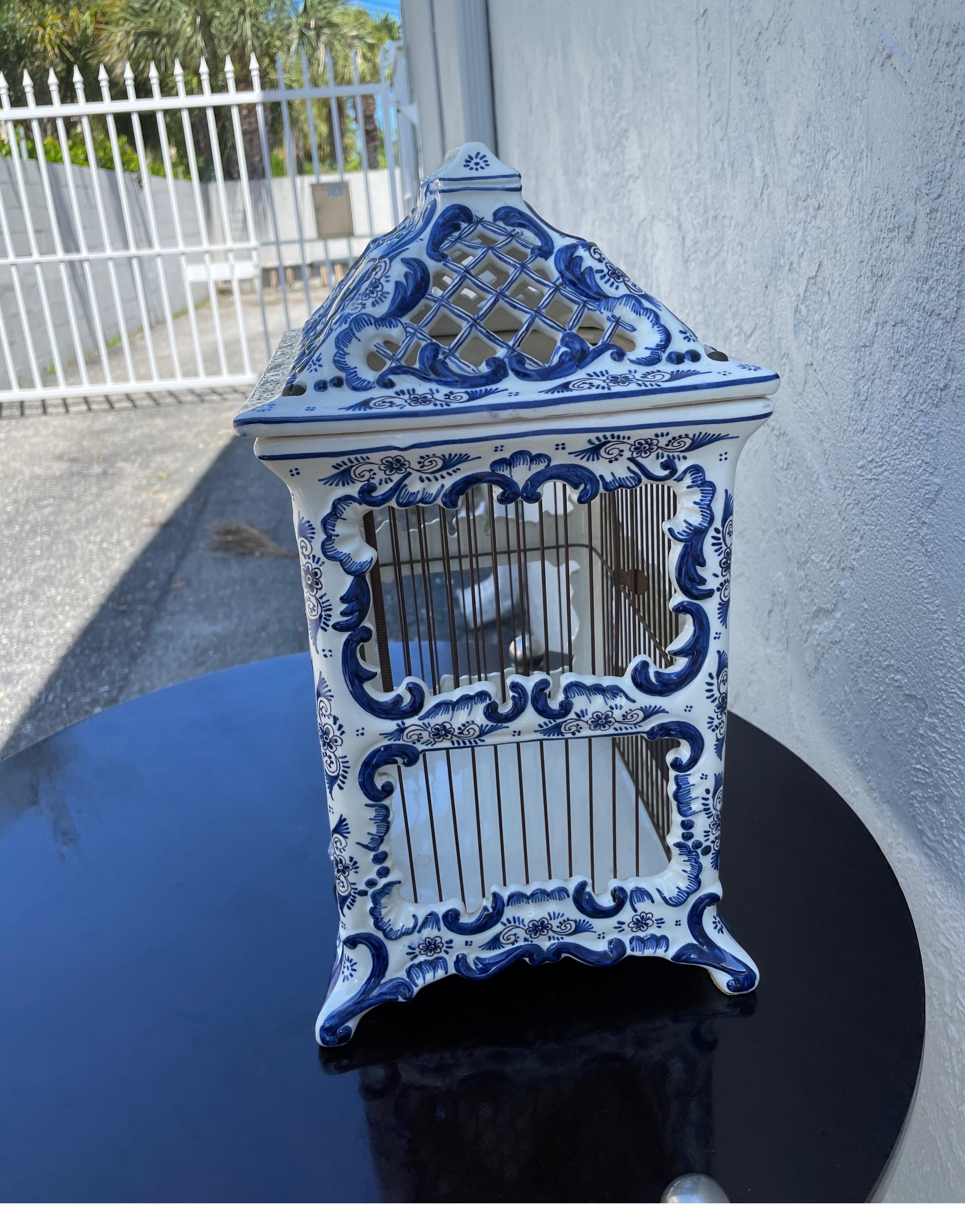 Vintage French Blue & White Porcelain Birdcage 2