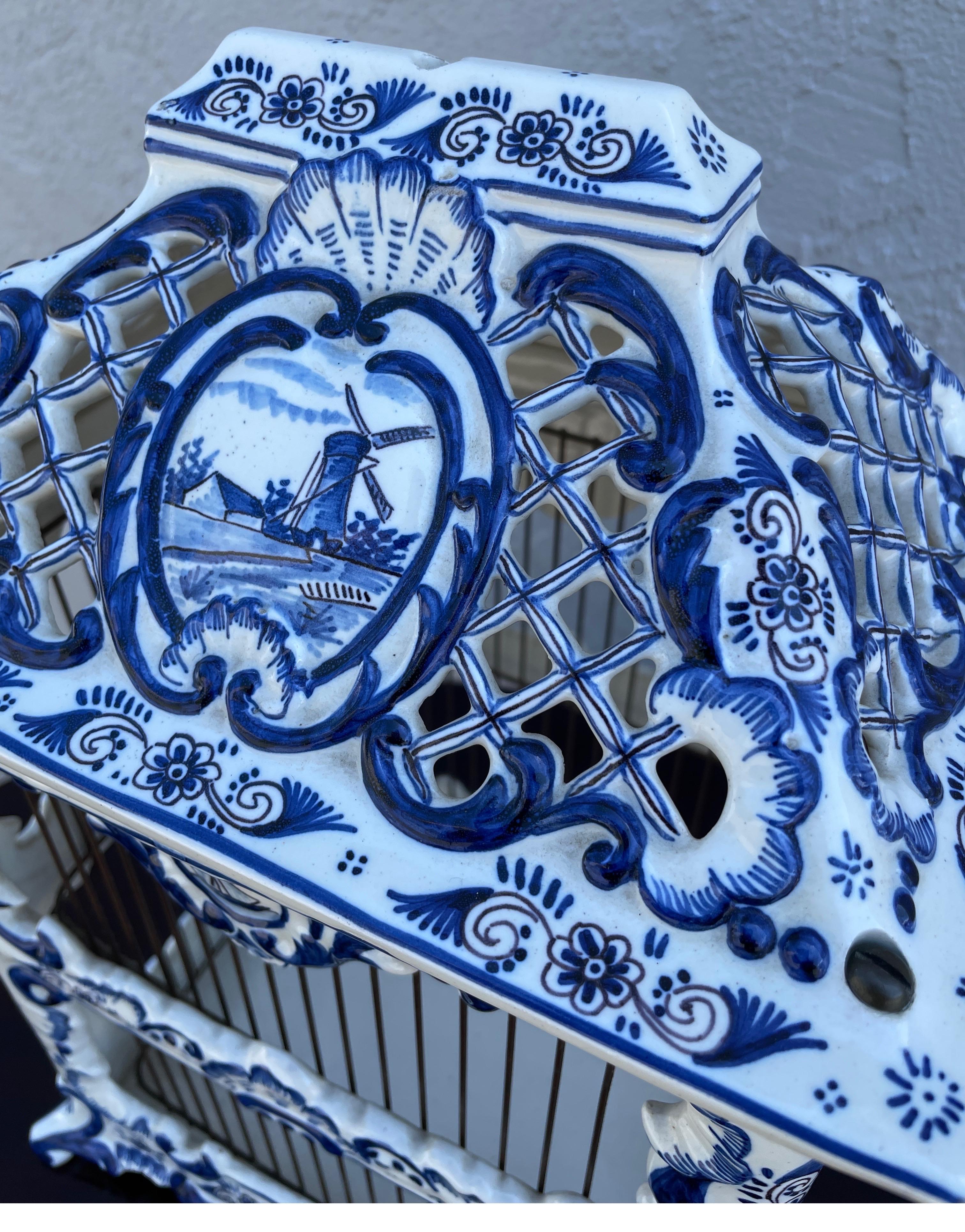 Vintage French Blue & White Porcelain Birdcage 4