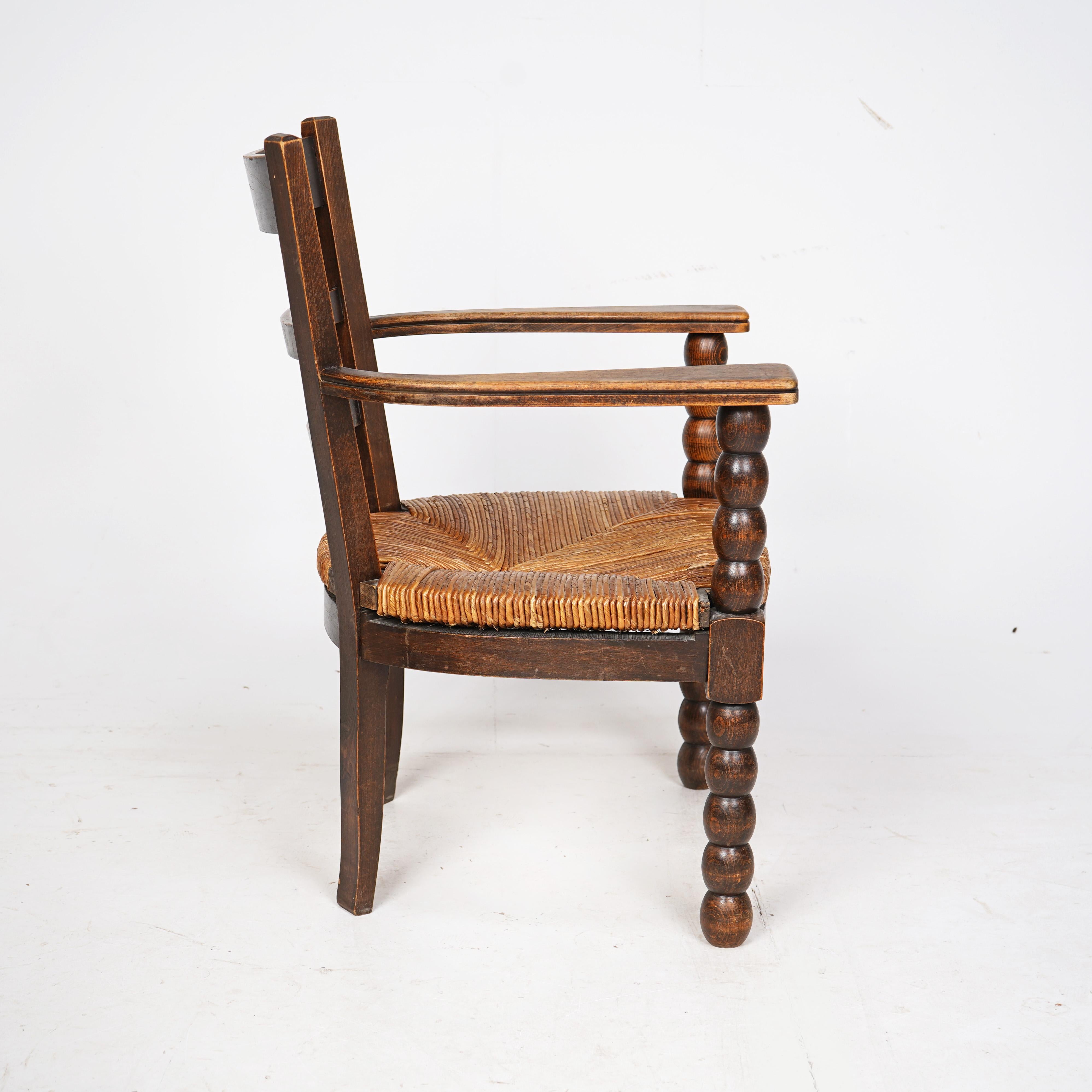 20th Century Vintage French Bobbin Wooden Armchair With Rush Seat  For Sale