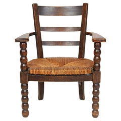 Retro French Bobbin Wooden Armchair With Rush Seat 