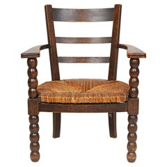 Vintage French Bobbin Wooden Armchair With Rush Seat