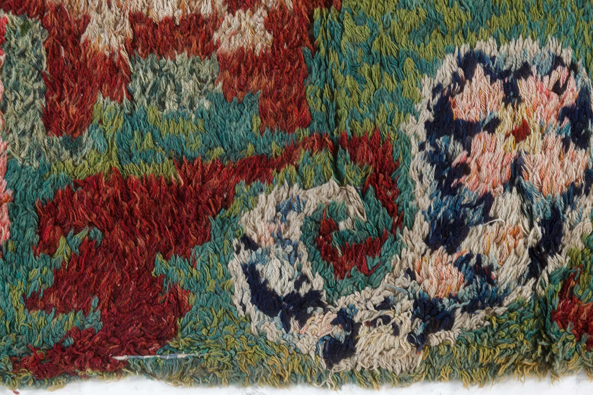 Art Deco Vintage French Botanic Handmade Wool Rug For Sale