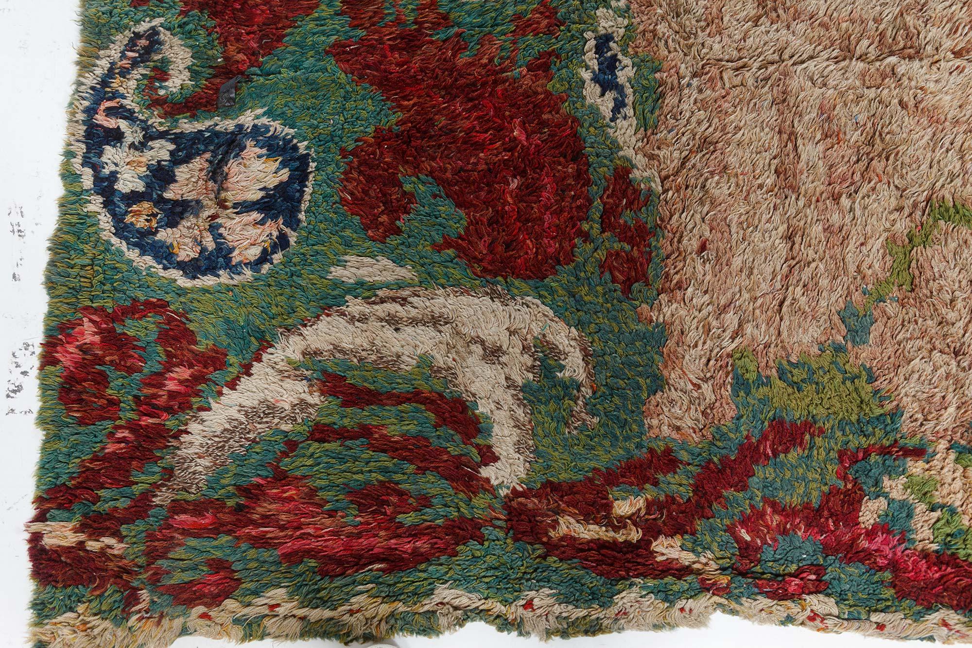 Hand-Woven Vintage French Botanic Handmade Wool Rug For Sale