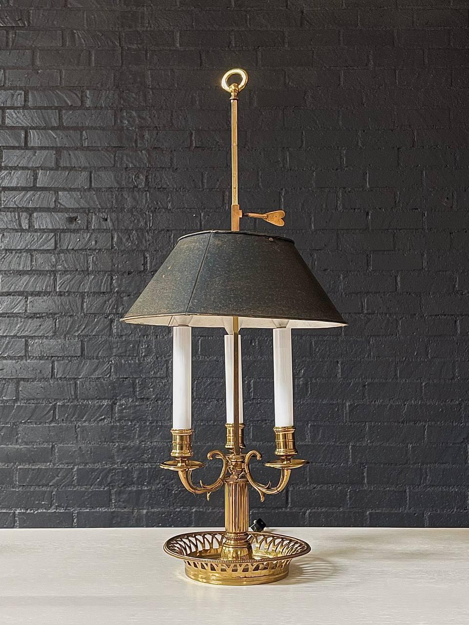Louis XVI Vintage French Bouillette Brass Table Lamp with Tole Shade For Sale