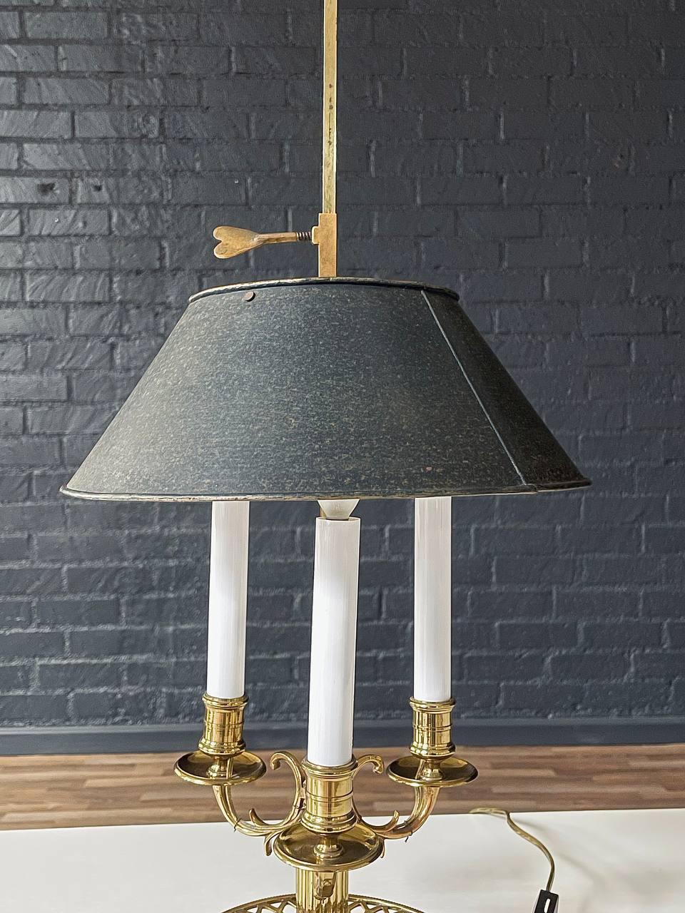 Mid-20th Century Vintage French Bouillette Brass Table Lamp with Tole Shade For Sale