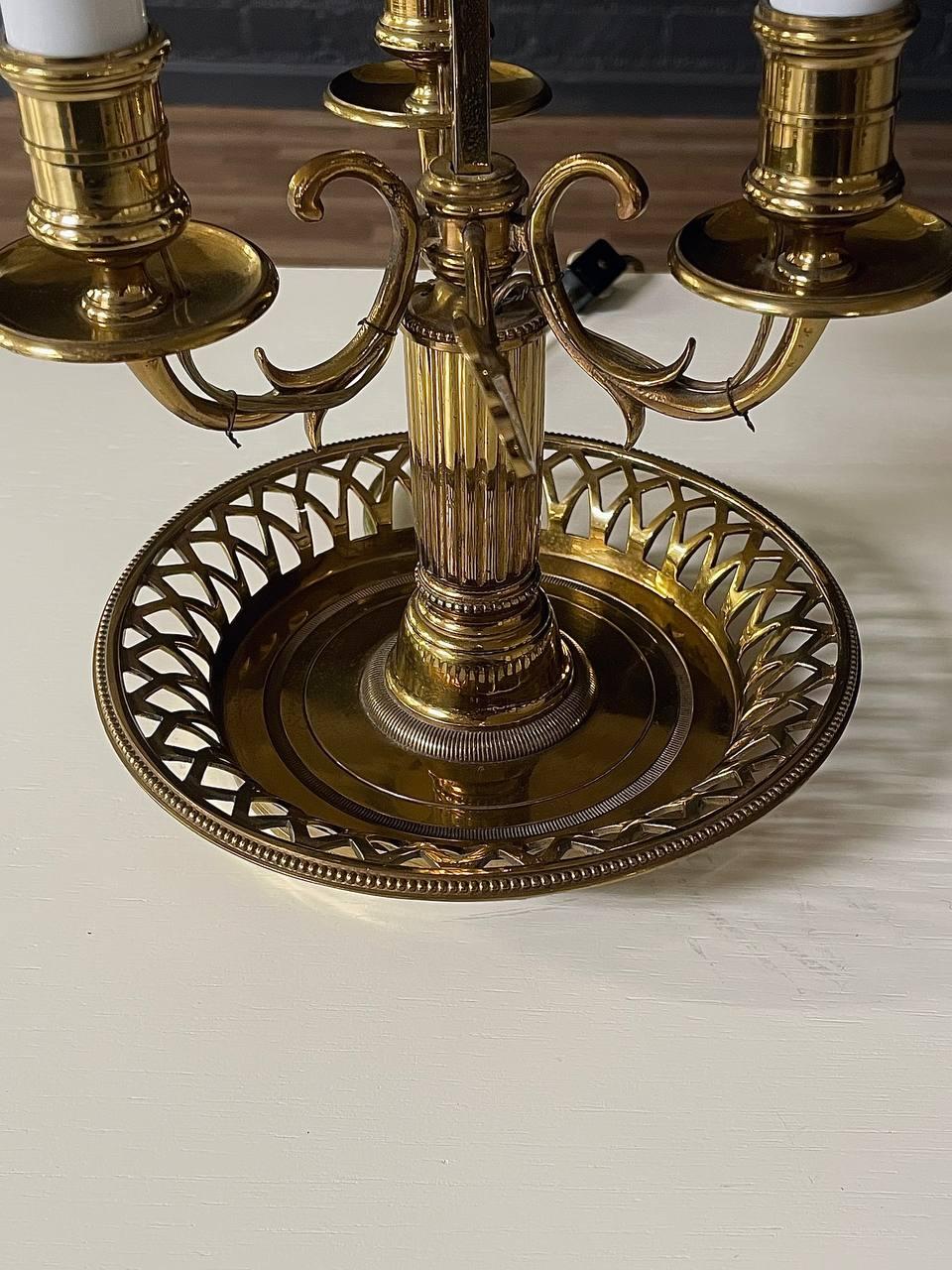 Vintage French Bouillette Brass Table Lamp with Tole Shade For Sale 3