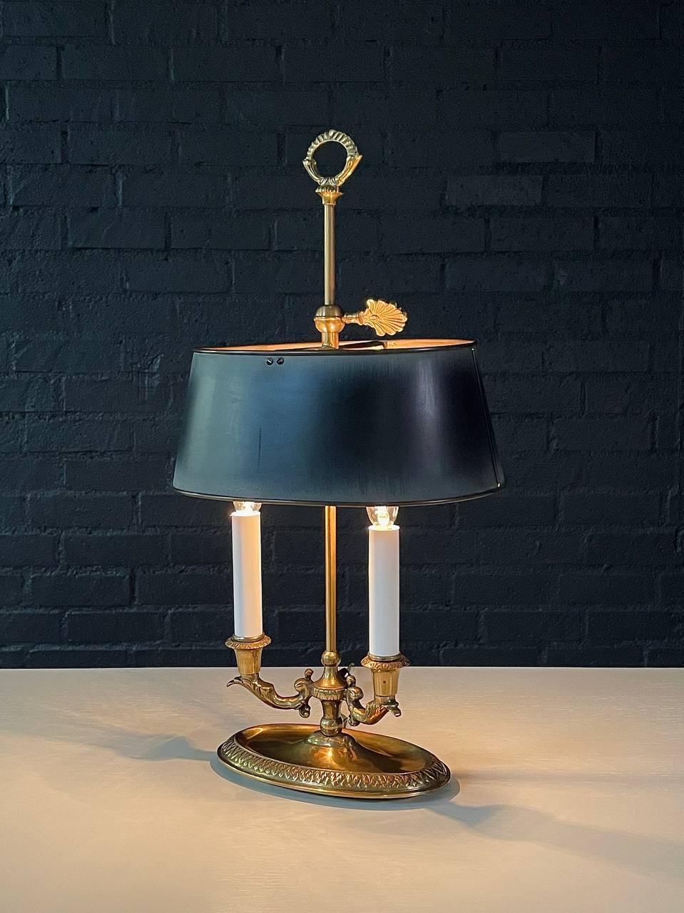 Neoclassical Vintage French Bouillette Double Brass Table Lamp with Tole Shade