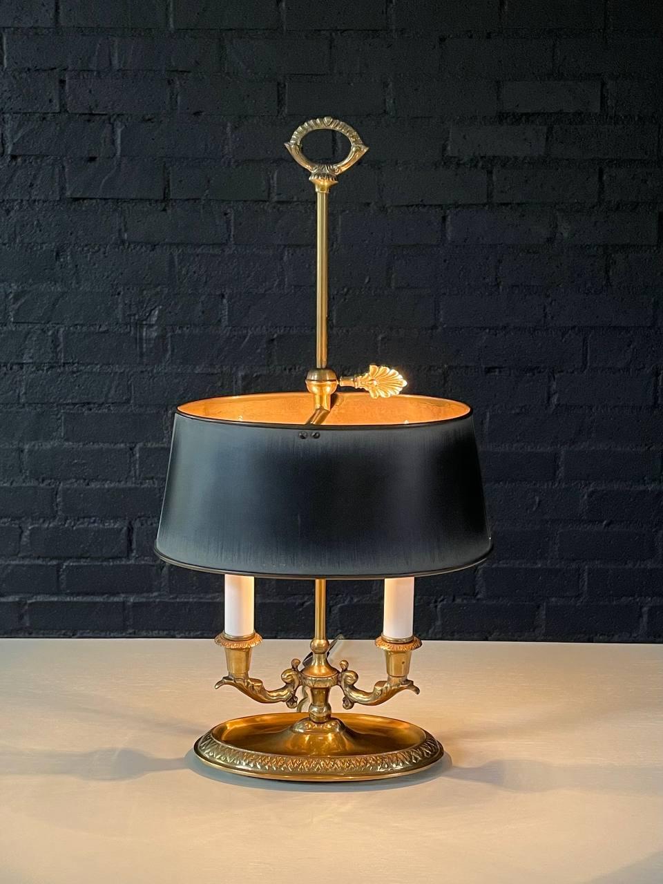 American Vintage French Bouillette Double Brass Table Lamp with Tole Shade