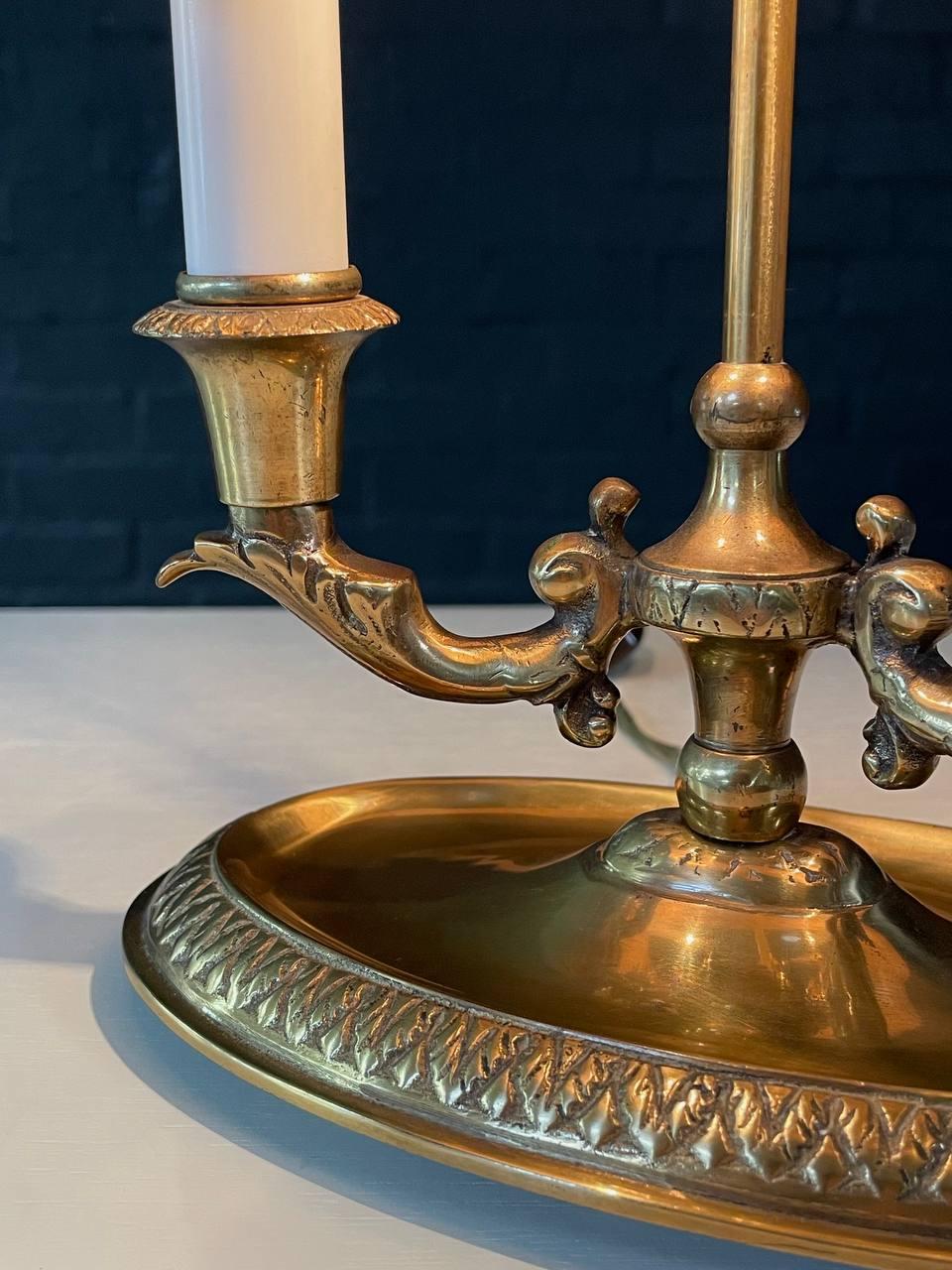 Vintage French Bouillette Double Brass Table Lamp with Tole Shade 1