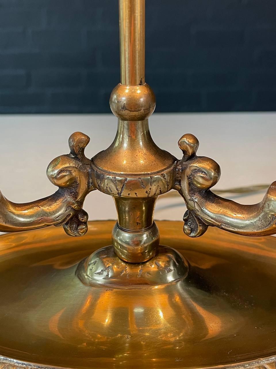 Vintage French Bouillette Double Brass Table Lamp with Tole Shade 3