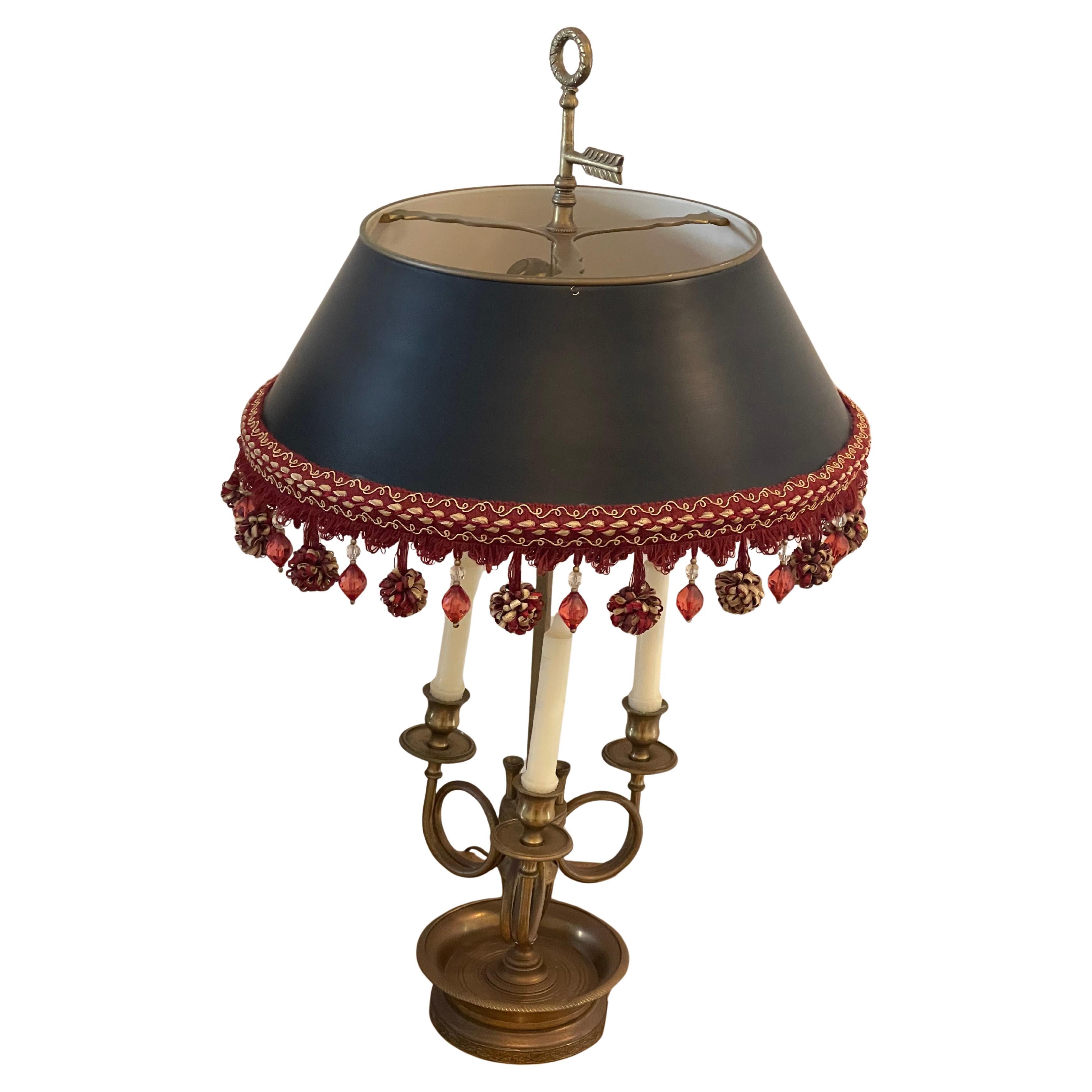 Vintage French Bouillotte Brass Lamp Tole Shade w Fringes