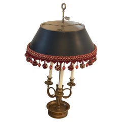 Vintage French Bouillotte Brass Lamp Tole Shade w Fringes