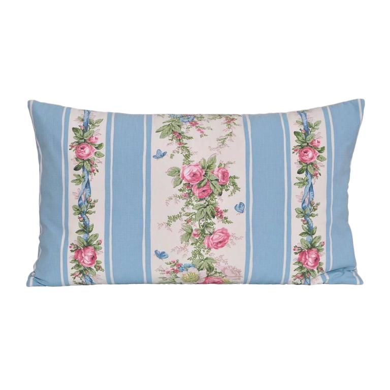 Vintage French Boussac Versailles Fabric Irish Linen Cushion Bed Pillow Blue