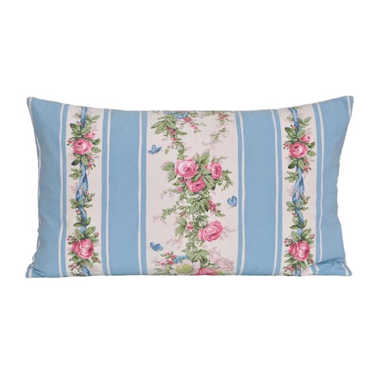 Vintage French Boussac Versailles Fabric Irish Linen Cushion Bed Pillow Blue For Sale