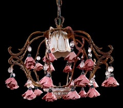 Vintage French Brass And Ceramic Pink Gold Rose Bud Diminutive Chandelier