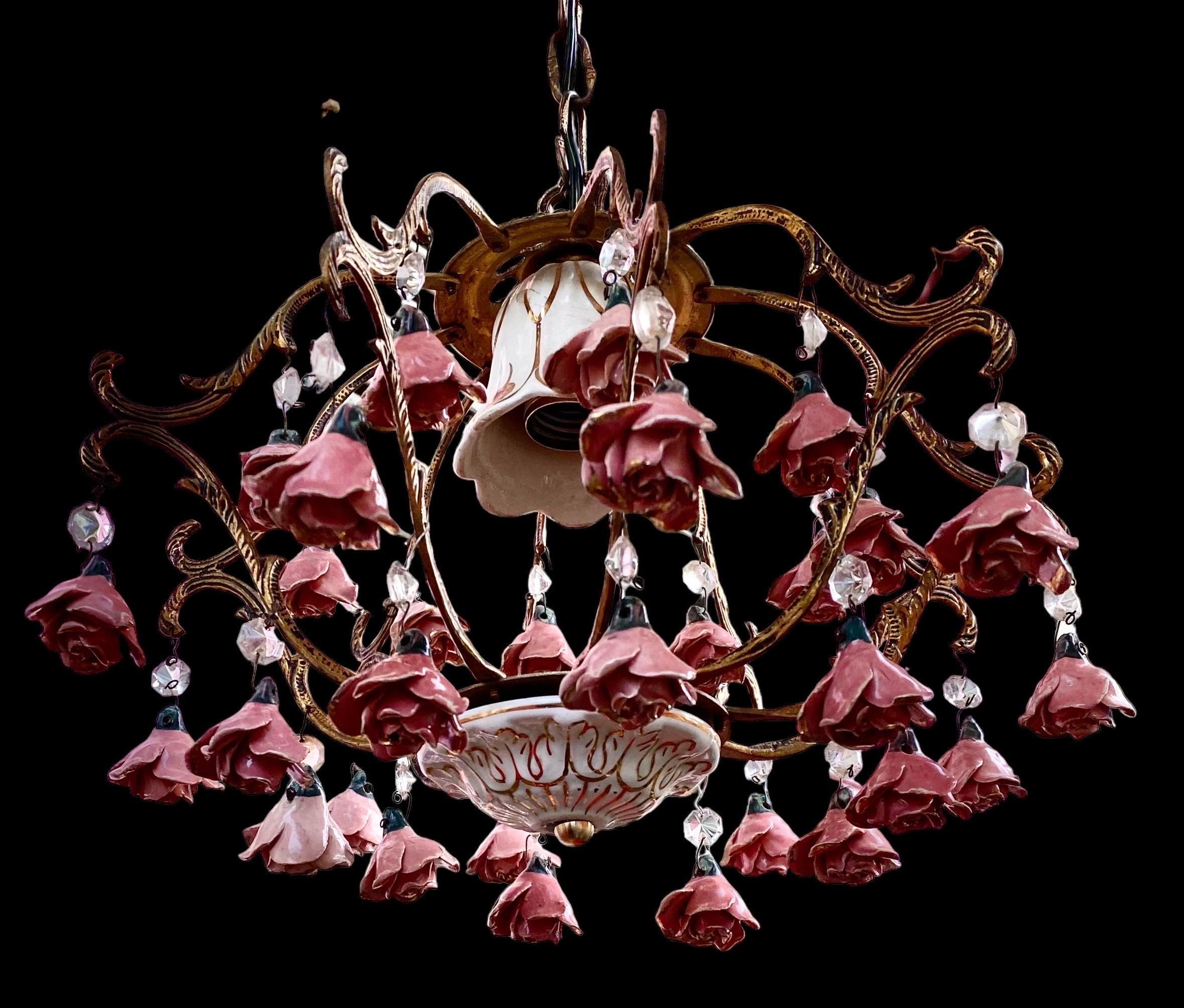 Louis XV Vintage French Brass And Ceramic Pink Gold Rose Bud Diminutive Chandelier
