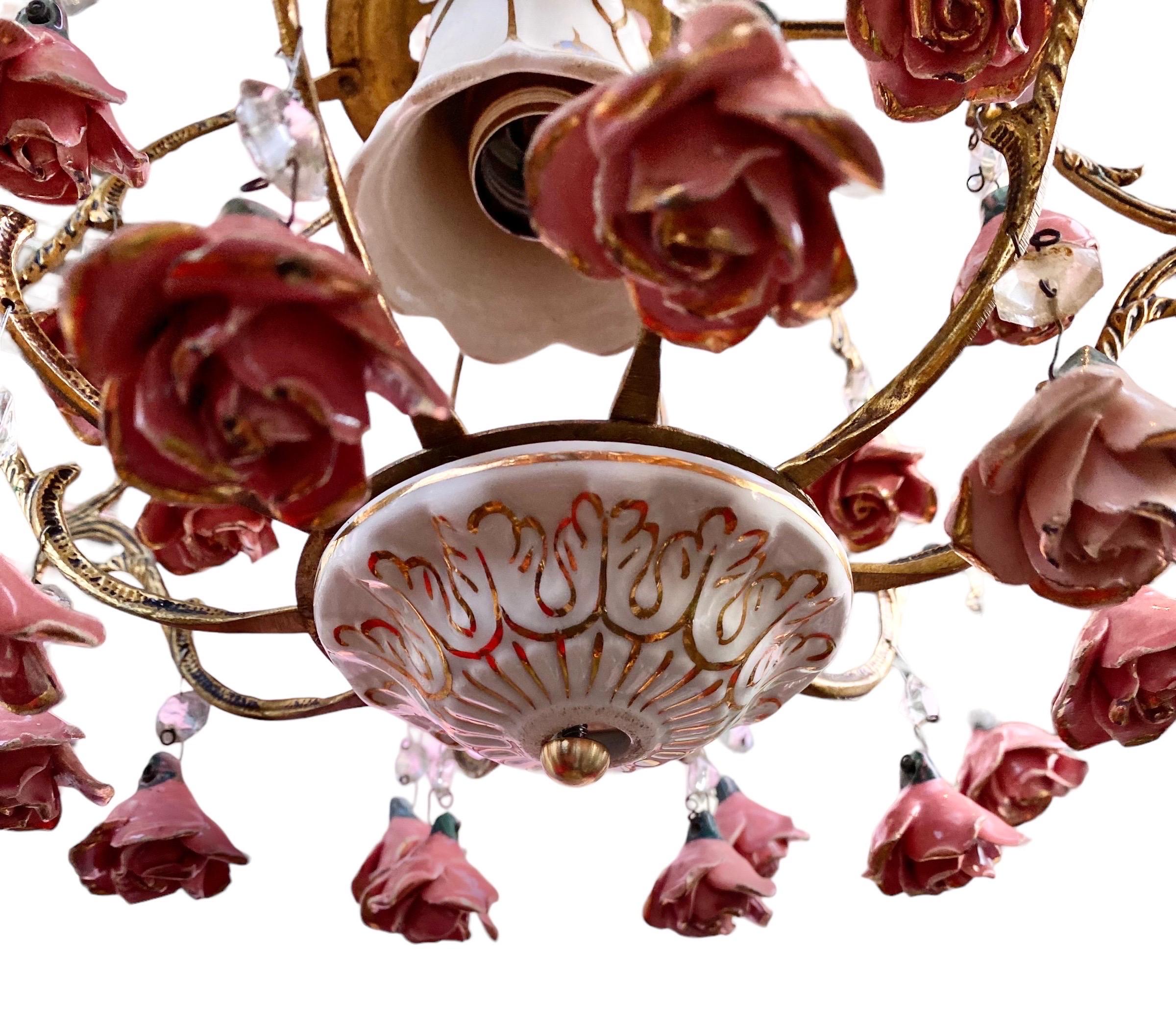 Hand-Painted Vintage French Brass And Ceramic Pink Gold Rose Bud Diminutive Chandelier
