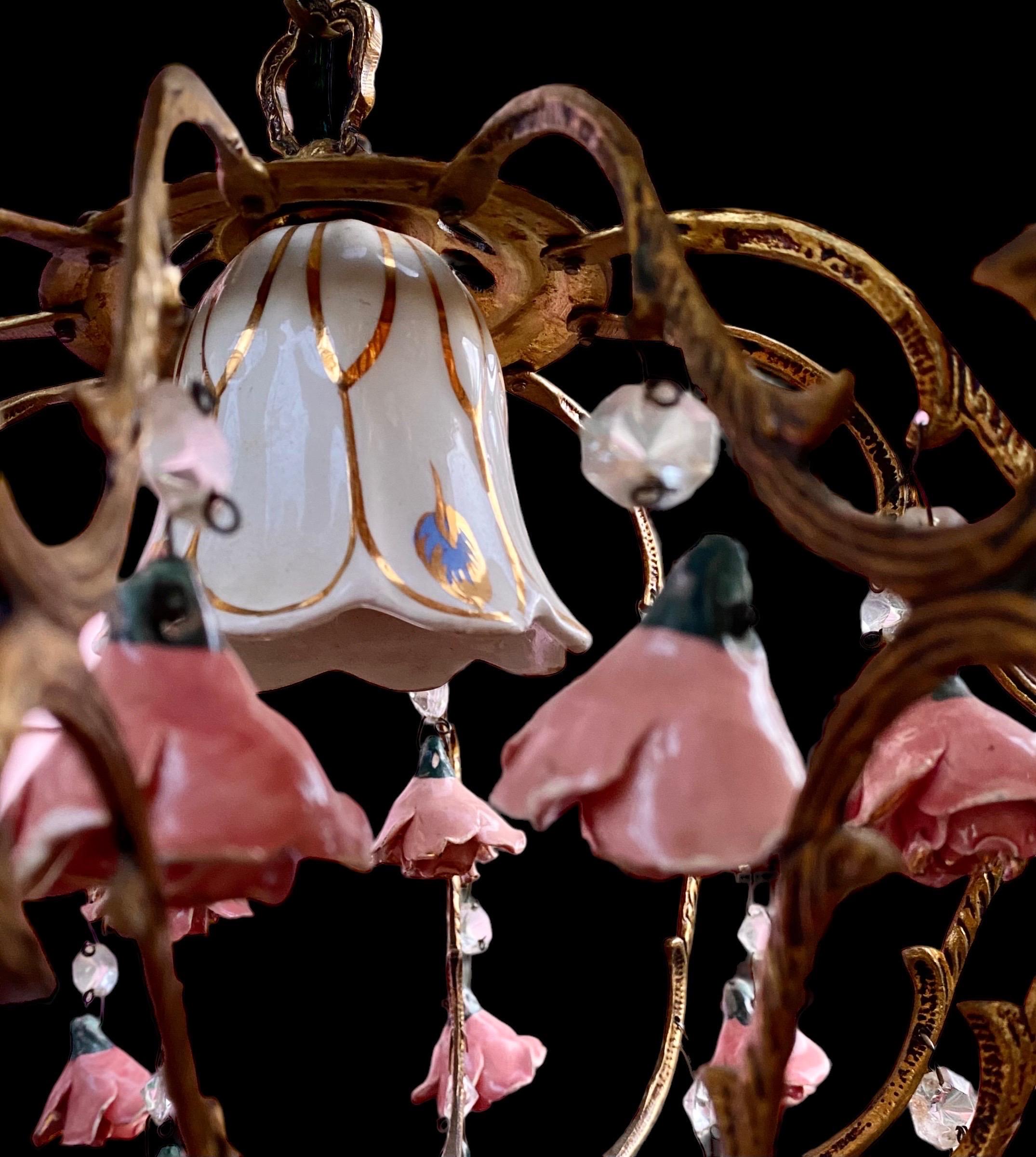 Late 20th Century Vintage French Brass And Ceramic Pink Gold Rose Bud Diminutive Chandelier