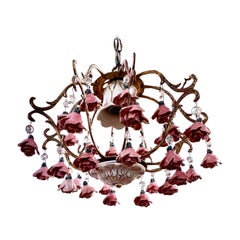 Vintage French Brass And Ceramic Pink Gold Rose Bud Diminutive Chandelier