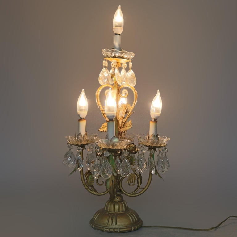 Vintage French Brass and Crystal Prism Candelabra Table Lamp, circa