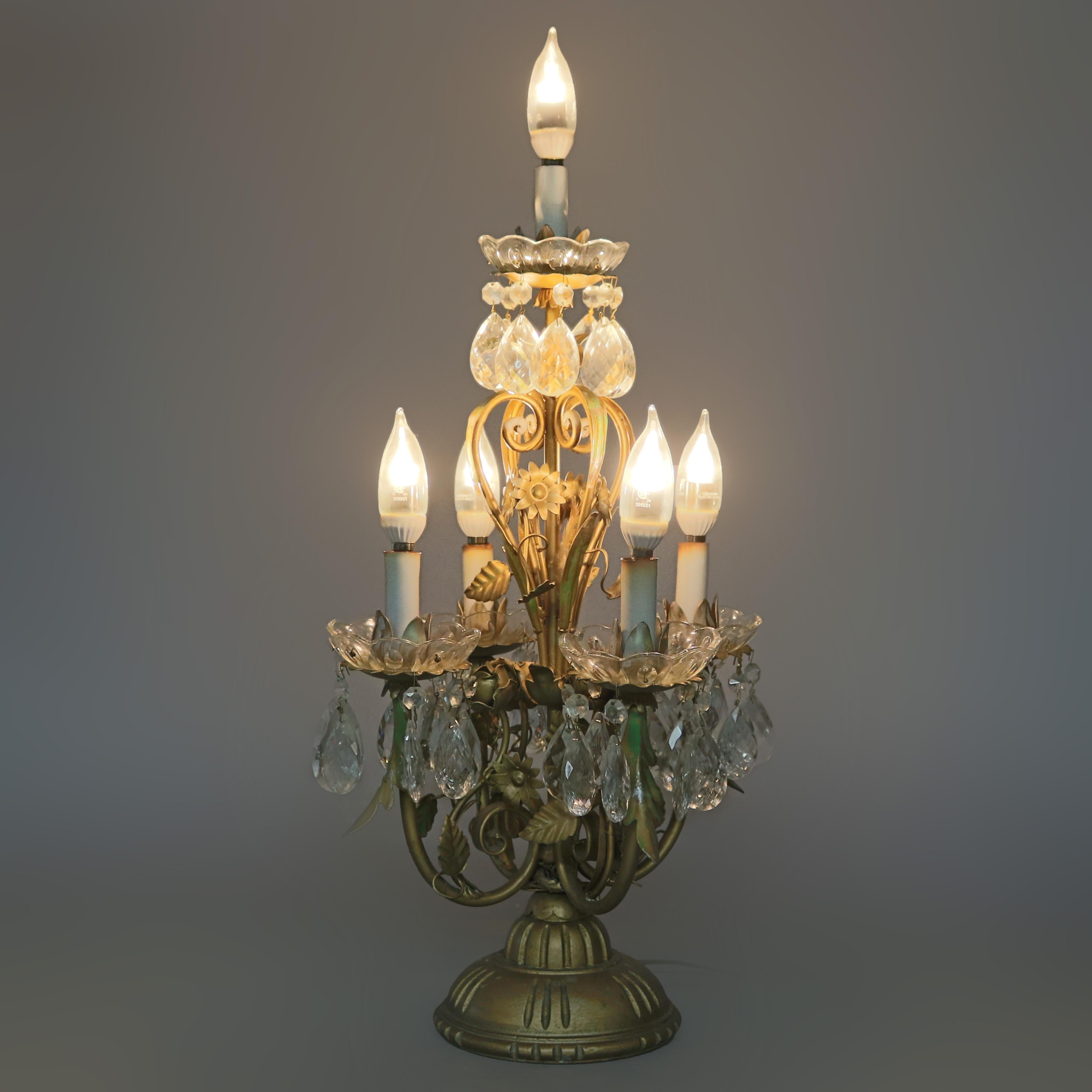 Vintage French Brass and Crystal Prism Candelabra Table Lamp, circa 1950 In Good Condition In Big Flats, NY
