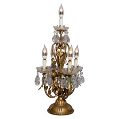 Vintage French Brass and Crystal Prism Candelabra Table Lamp, circa 1950