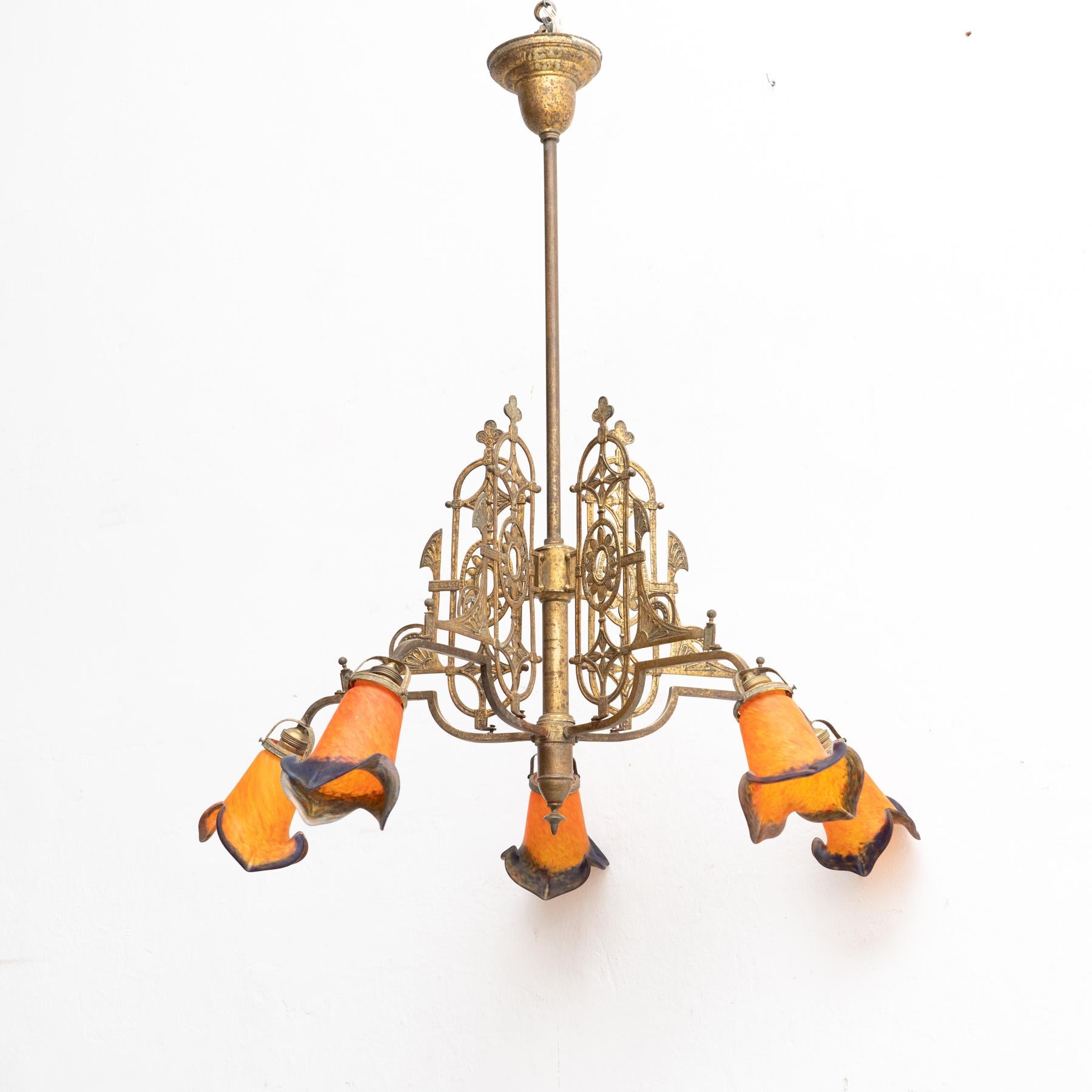 Art Deco Vintage French Brass and Glass Ceiling Lamp circa 1930