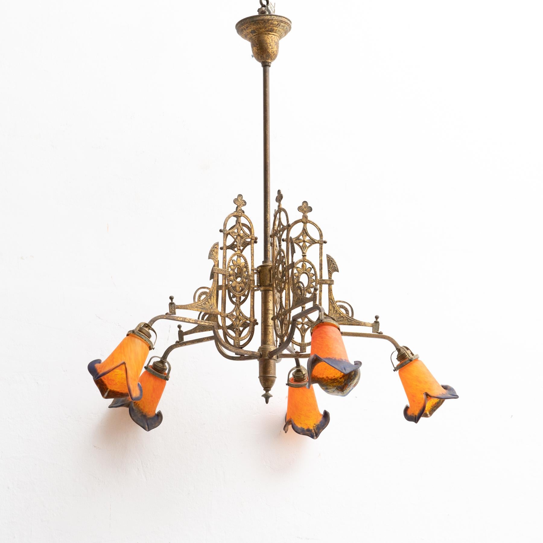 Vintage French Brass and Glass Ceiling Lamp circa 1930 In Good Condition In Barcelona, Barcelona