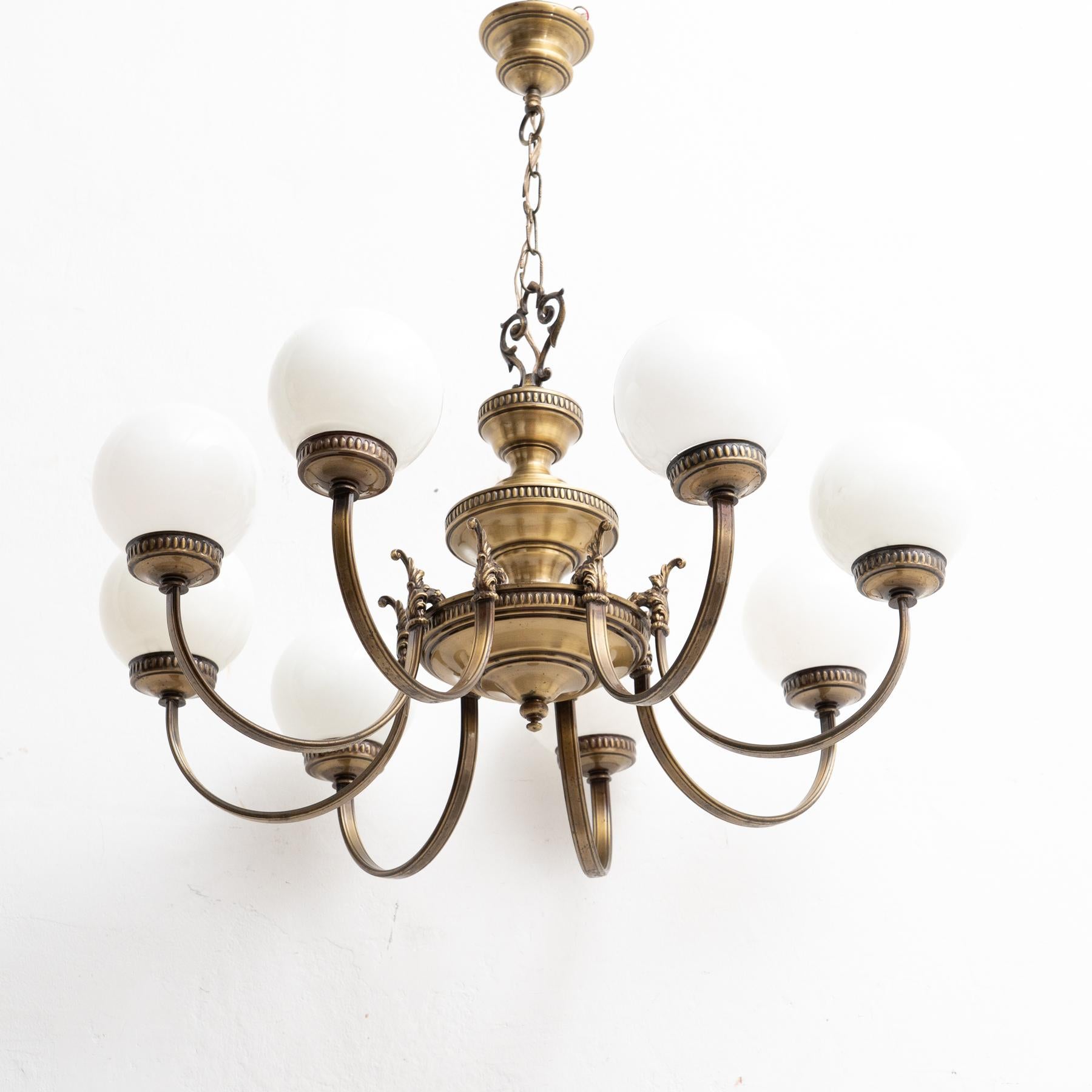 Mid-20th Century Vintage French Brass and Glass Ceiling Lamp circa 1950 For Sale